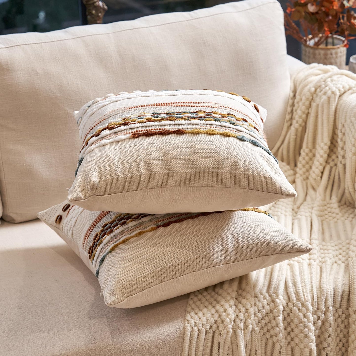 Aeckself Boho Throw Pillow Covers 18x18 Inch Set of 2, Farmhouse Decorative Striped Square Pillow Covers Chenille Tufted Pillow Cases Accent Neutral Pillowcase for Living Room Couch Bed, Orange White