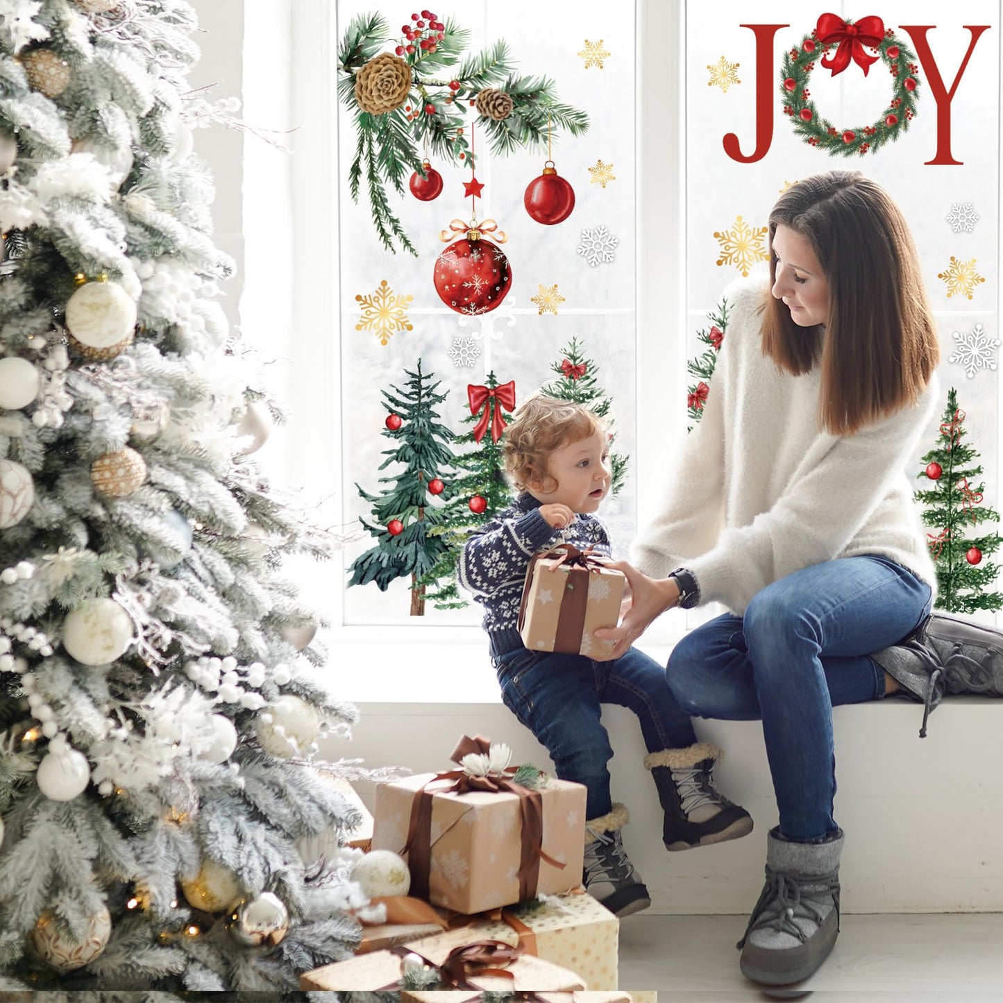 6 Sheets Christmas Window Clings Red Xmas Ball Tree Branch Snow Reusable Glass Decals for Winter Holiday Party Home Glass Window Decor