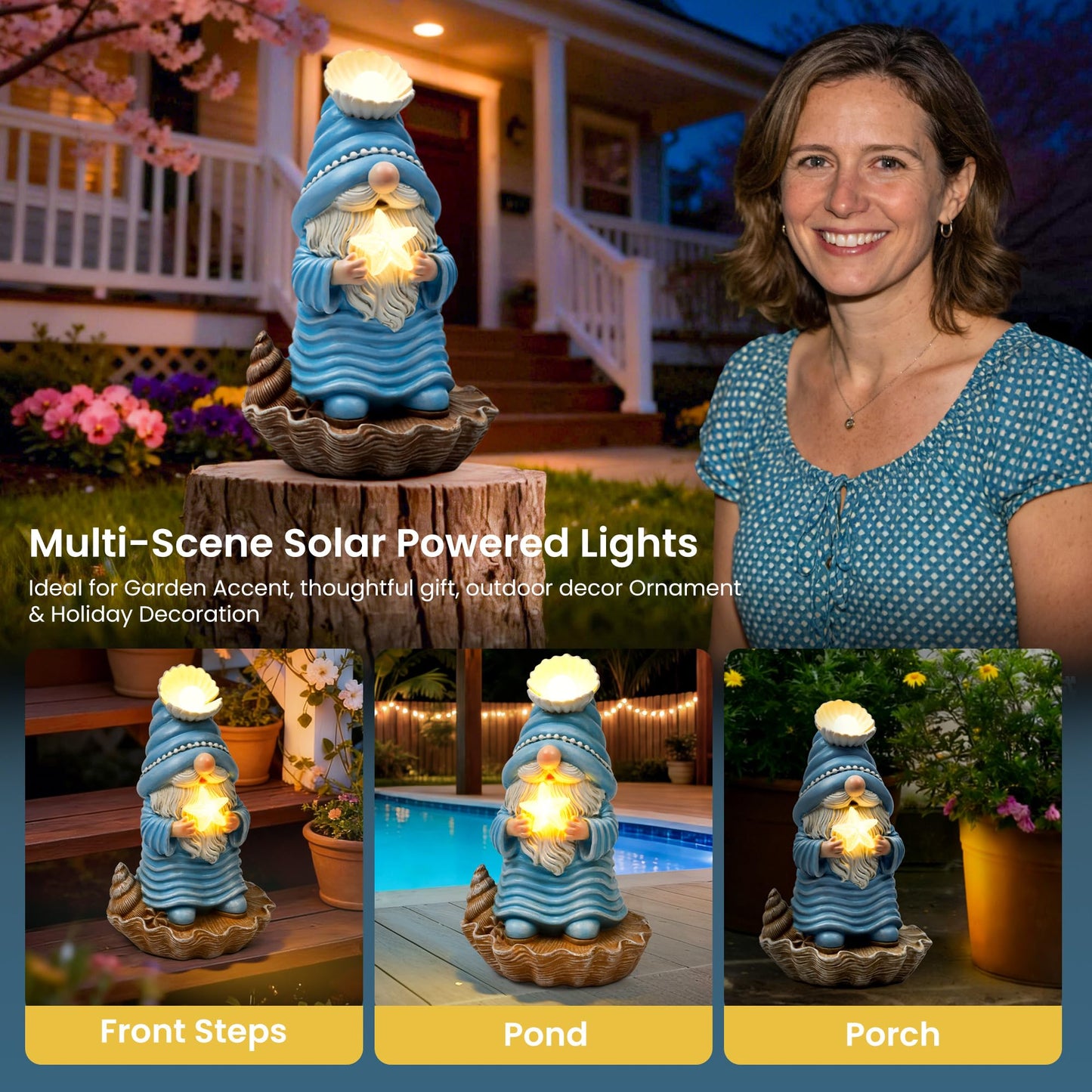 GIGALUMI Garden Gnomes, Solar Statue Outdoor Decor, Gnome Gifts Decoration with LED for Patio Yard Lawn Balcony, Christmas/Birthday Gift for Mom Women