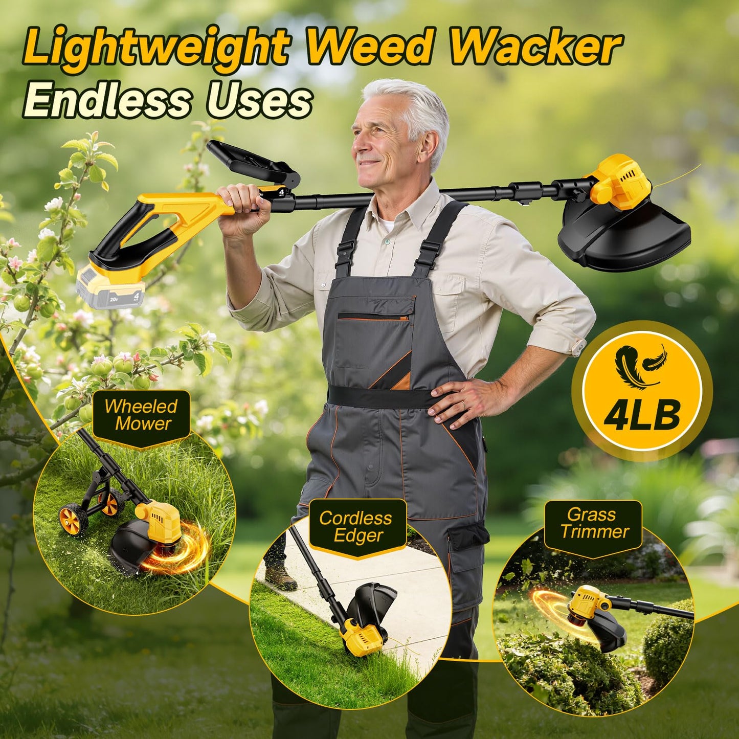 Cordless String Trimmer for Dewalt 20v Battery(Battery Not Included), 3-in-1 Weed Wacker Edger Grass Trimmer with Wheel, Lightweight Weed Eater Battery Powered w/8 Line Spools