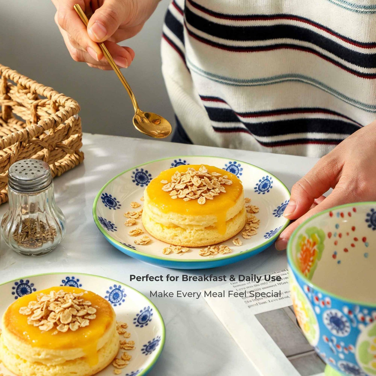 UniqueLife Hand-Painted 6 Inch Dessert Plates Set of 6, Ceramic Appetizer Snack Salad Plates, Microwave Dishwasher Oven Safe Small Plates for Cake Bread Fruit, Gift-Ready - Ocean Blue