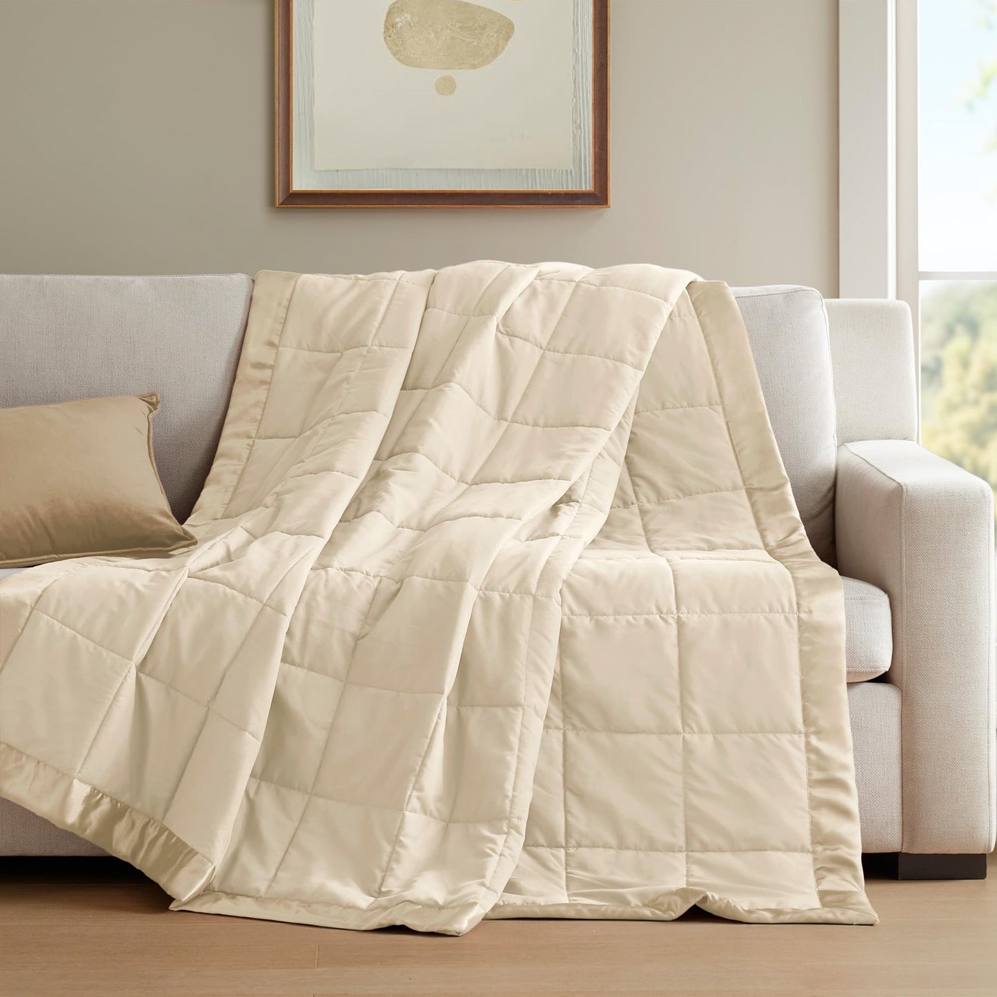 Madison Park Windom Down Alternative Blanket, Premium 3M Scotchgard Moisture Wicking Treatment, Lightweight and Soft Bed Cover For All Season, Satin Trim, Cream Full/Queen
