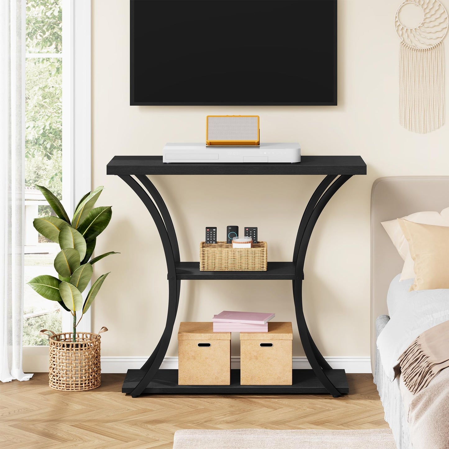 Hoctieon 3 Tier Console Table with Open Wood Shelves, Decorative Entryway Table with Curved Metal Frames, Narrow Sofa Table for Entrance, Living Room, Hallway, Black
