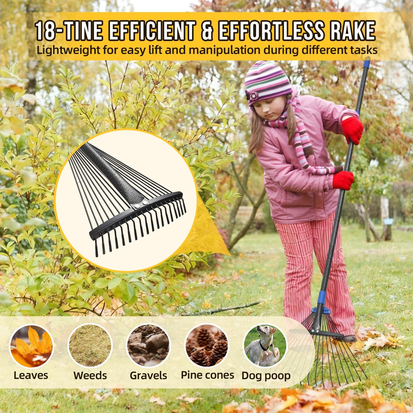 Adjustable Leaf Rake, Heavy Duty Metal Rake for Leaves, Long Handle 30"-75" with Expandable Head 8"-17", Collapsible Small Rakes for Lawns, Gardening, Yard, Camping, Shrub, Grass, Bush, Weed, Debris