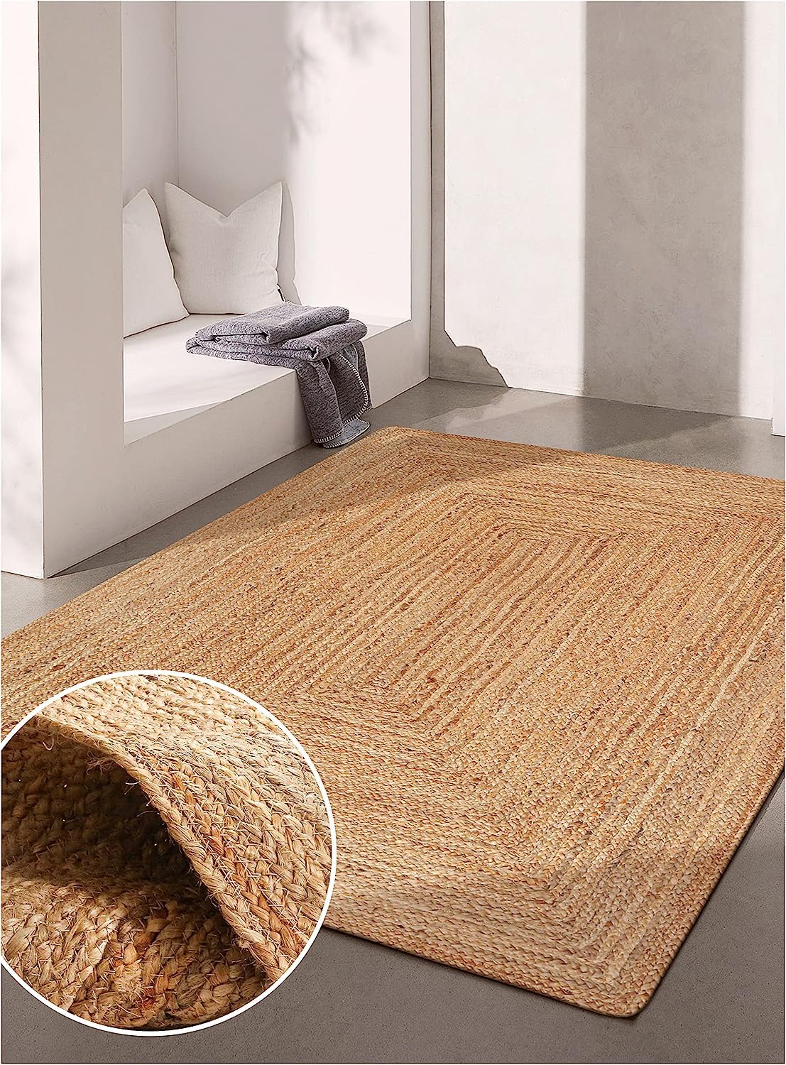 KEMA Jute Braided Area Rug, 4x6 Feet (48x72 Inches) - Rustic Vintage Braided Reversible Rectangular Rug, Shag Rugs for Bedroom, Jute Kitchen Rug, Living Room Rugs