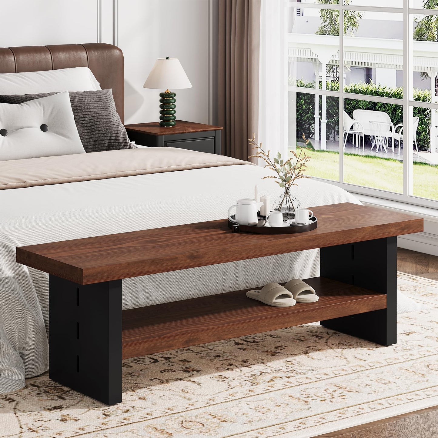 Condemo 47" Solid Wood Entryway Bench with Shoe Storage, 2-Tier Modern Farmhouse Hallway Bench with Open Shelf for Bedroom, Dining Room, Mudroom, Easy Assembly, Dark Walnut & Black
