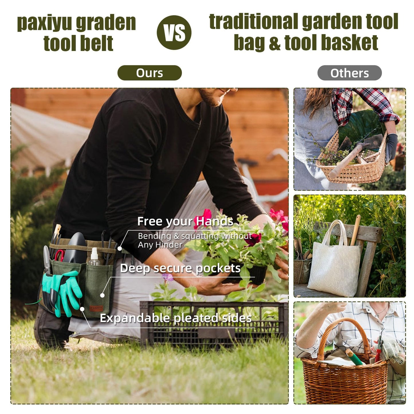 Paxiyu Garden Tool Belt for Men & Women, Denim Wide Adjustable 5-Pocket Waist Garden Apron - Heavy Duty Tool Pouch for Gardening, DIY, Carpenter, Woodworking, Painting, Seamstress, and Crafts (Green)