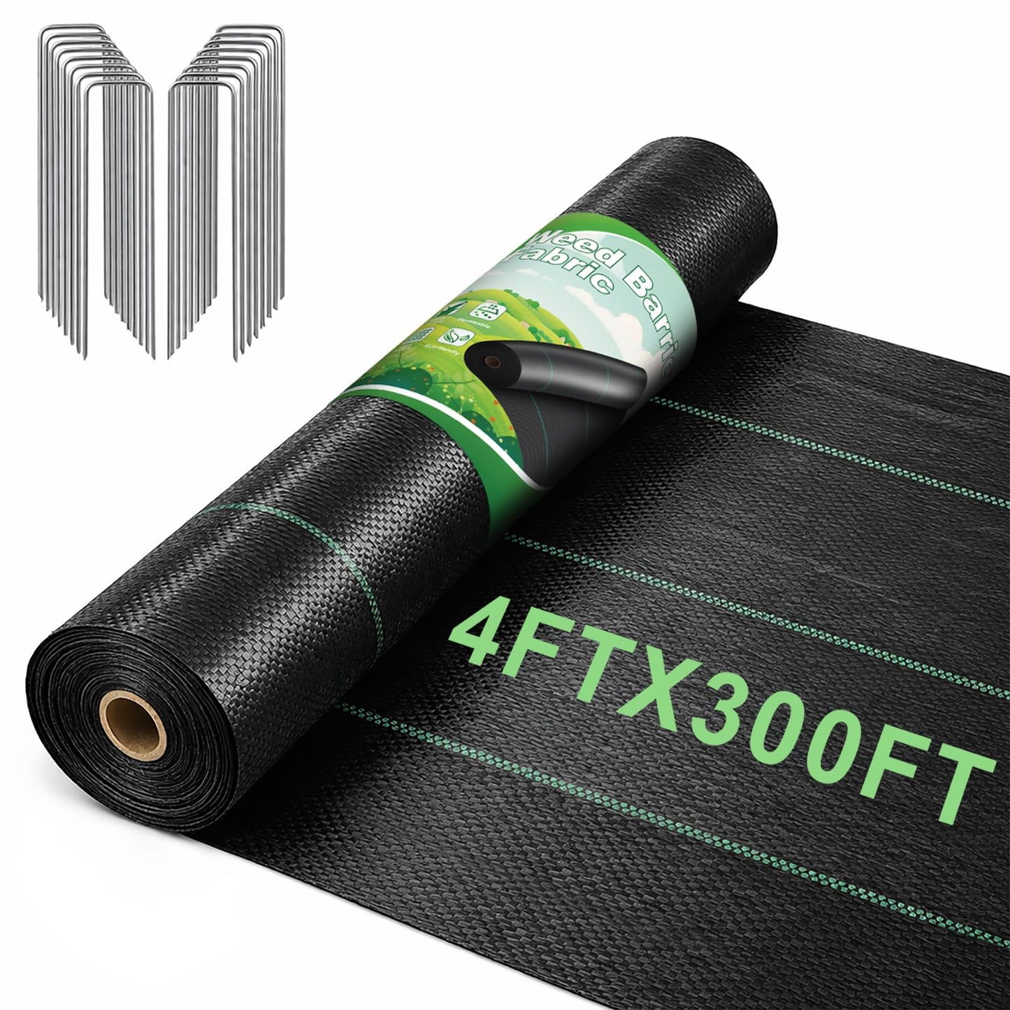 FEED GARDEN 4FT x 300FT Landscape Fabric Weed Barrier Fabric, Heavy Duty 3.2oz Weed Control Mat, Weed Blocker Ground Cover Geotextile Fabric for Gardening, with 20 U-Shaped Stakes
