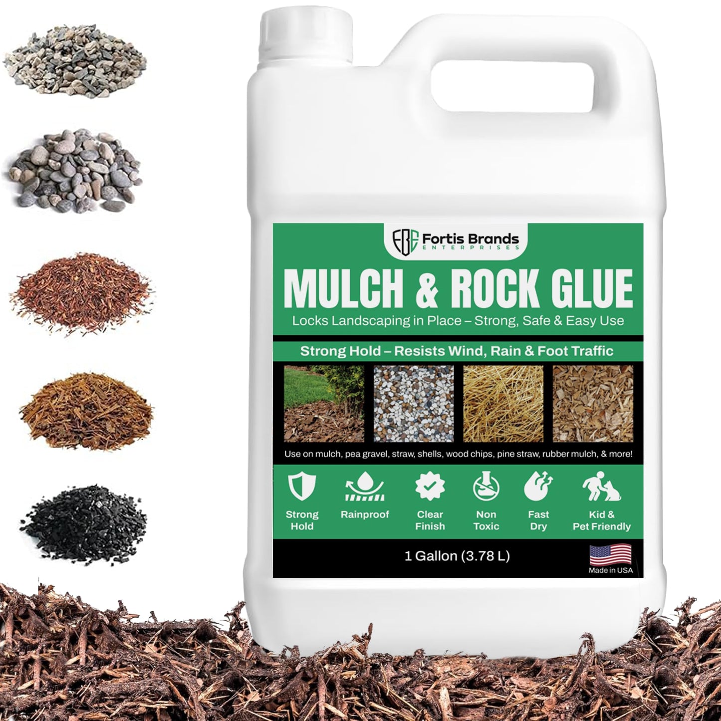 FBE Fortis Mulch Glue and Rock Glue for Landscaping - 1 Gallon Pet and Plant Friendly Gardening Adhesive, Heat Resistant, Max Hold on Mulch, Rock, Pea Gravel, Shells, Straw, Stone, Hay and More