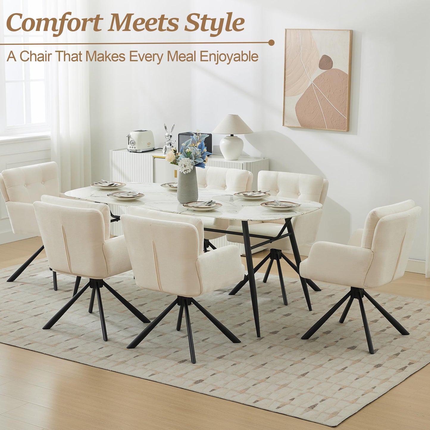 WUTUTUEE Fabric Dining Chair Modern Upholstered Swivel Dining Room Chairs Comfy Accent Armchair with Mid Back, Desk Arm Chair No Wheels for Kitchen/Living Room/Home Office, White