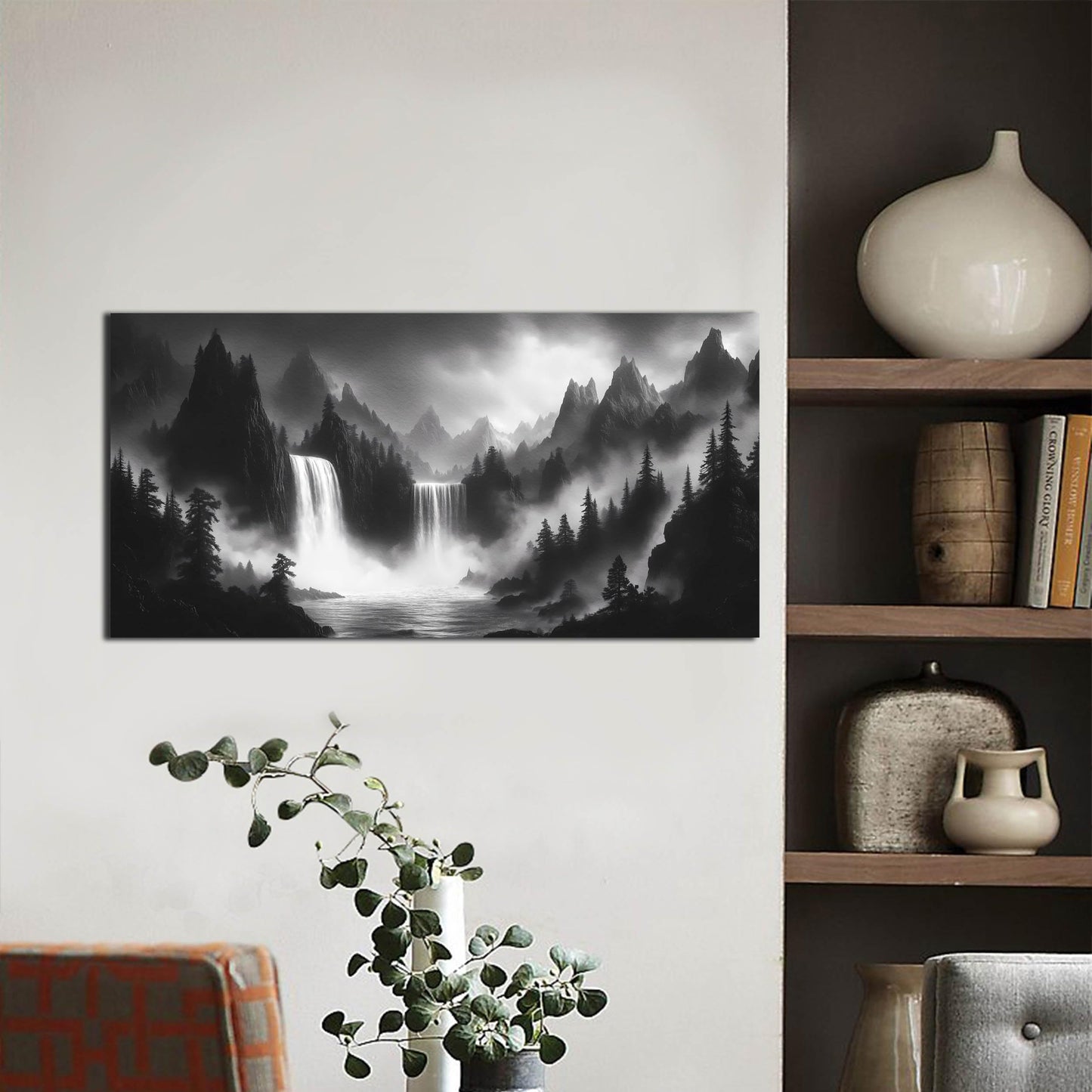 HUBOSKN Mountain Wall Pictures for Living Room Decor - Black and White Wall Art Bedroom - Waterfall Canvas Wall Art for Office Size 20" x 40"