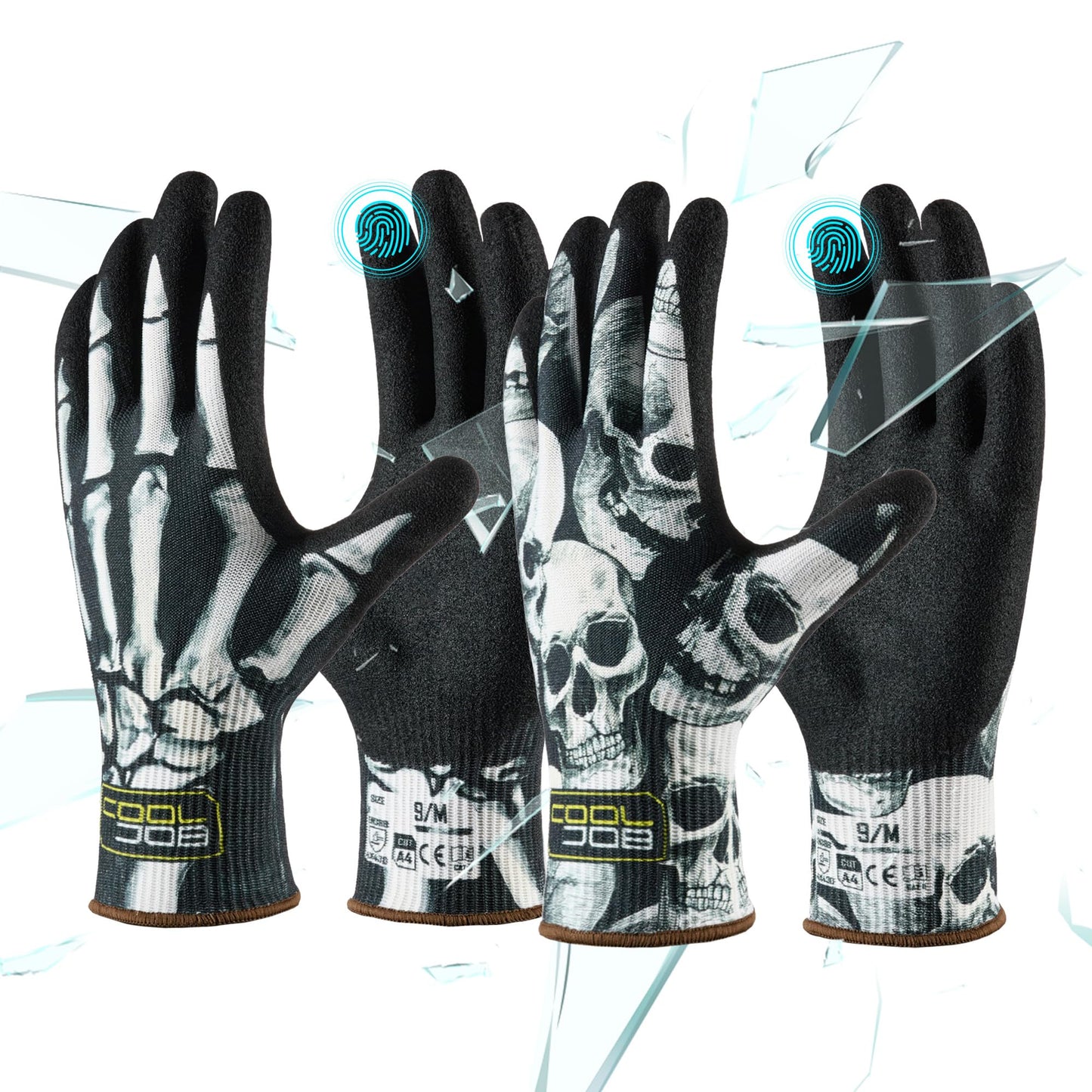 COOLJOB 2 Pairs A4 Cut Resistant Fishing Gloves for Men, Touchscreen Safety Work Gloves with Grip Nitrile, Knife Proof Anti-slip Dexterous Rubber Coating for Glass Handling Wood Carving, Large