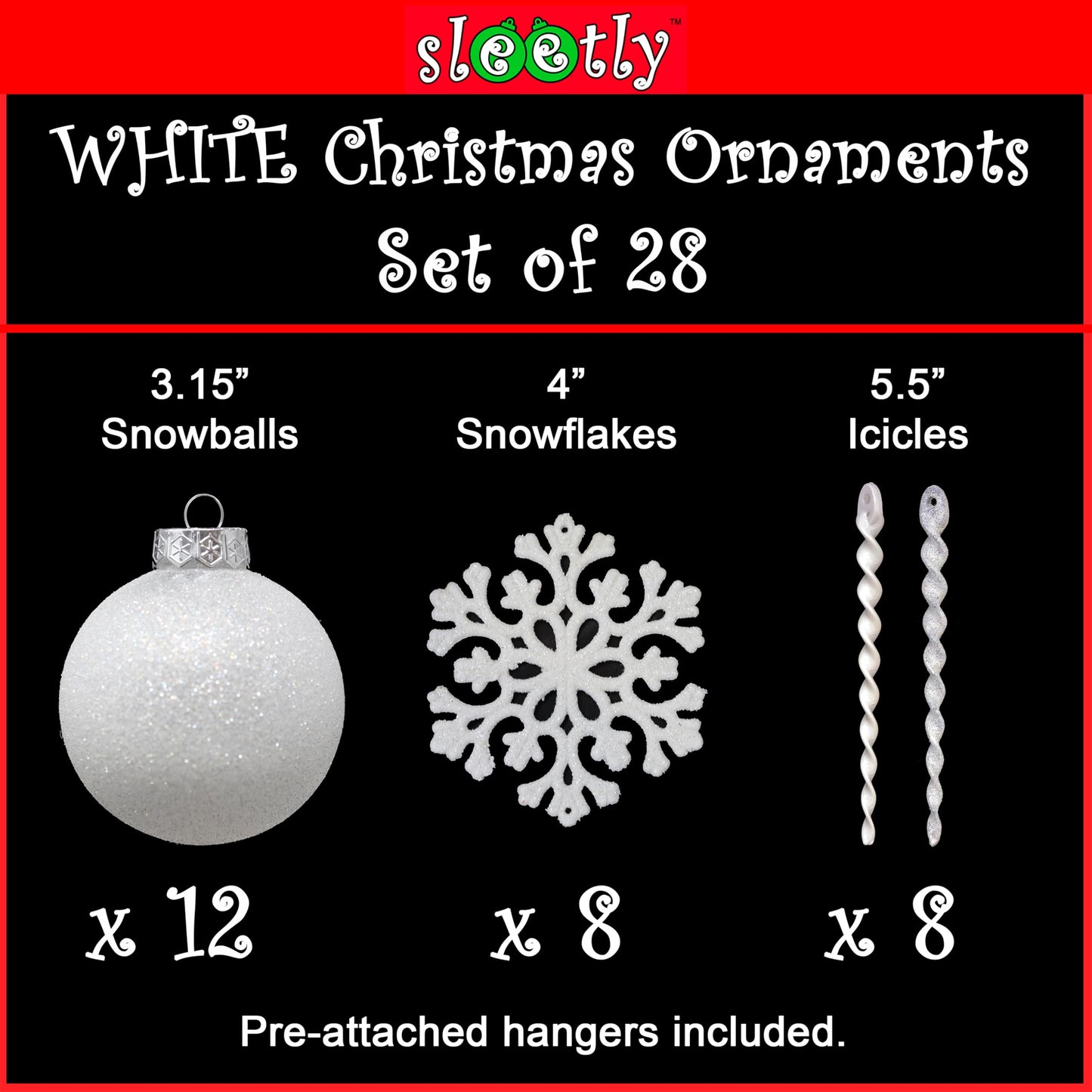 SLEETLY 28-Piece White Christmas Tree Ornaments – 12 Large 3.15” Shatterproof Glitter Snow Balls with 8 Icicles and 8 Snowflakes Set – Elegant Holiday Xmas Decorations for Farmhouse Winter Decor