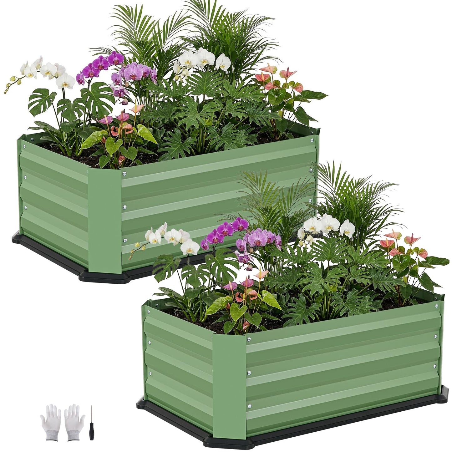 2 Pcs Galvanized Raised Garden Bed with Bottom, Indoor Metal Raised Garden Beds, Easy Assembly No leaks & Rust-Proof Flower Bed, Outdoor Planter Box for Vegetables, Herbs, Patio, Balcony, Green