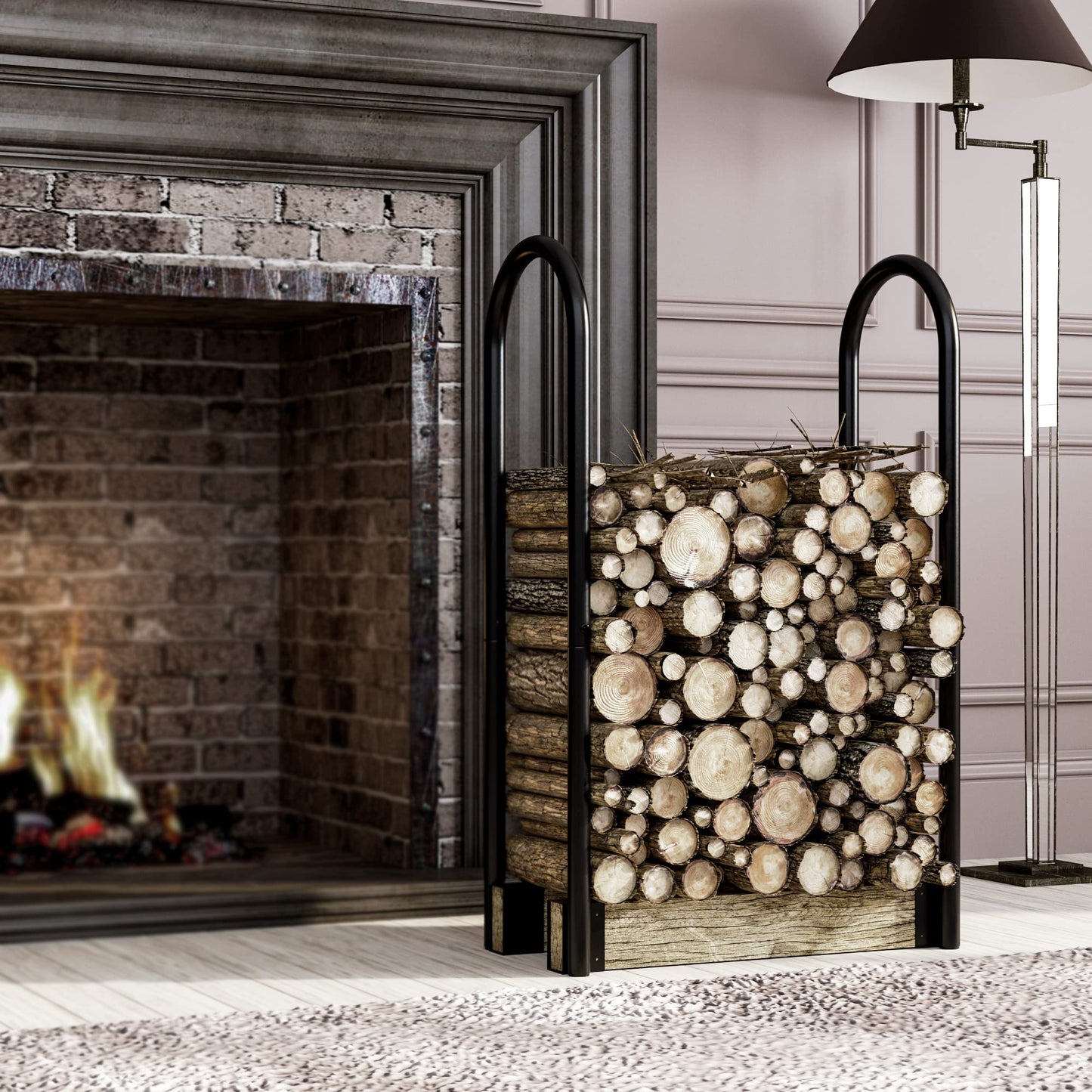 Fire Beauty Firewood Log Rack Adjustable Bracket Kit, Fireplace Wood Storage Holder,Black Powder,Coated Steel, Outdoor and Indoor(Adjustable)
