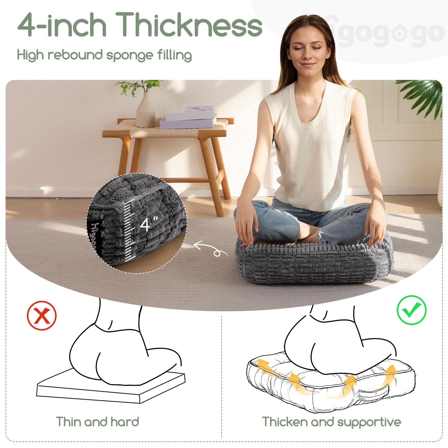 Washable Floor Pillow Cushion for Adults, Meditation Cushion Pillow, Removable Tufted Blended Corduroy Cover, Large Square Floor Sitting for Tatami Living Room or Yoga, 22x22 Inch, Machine Washable