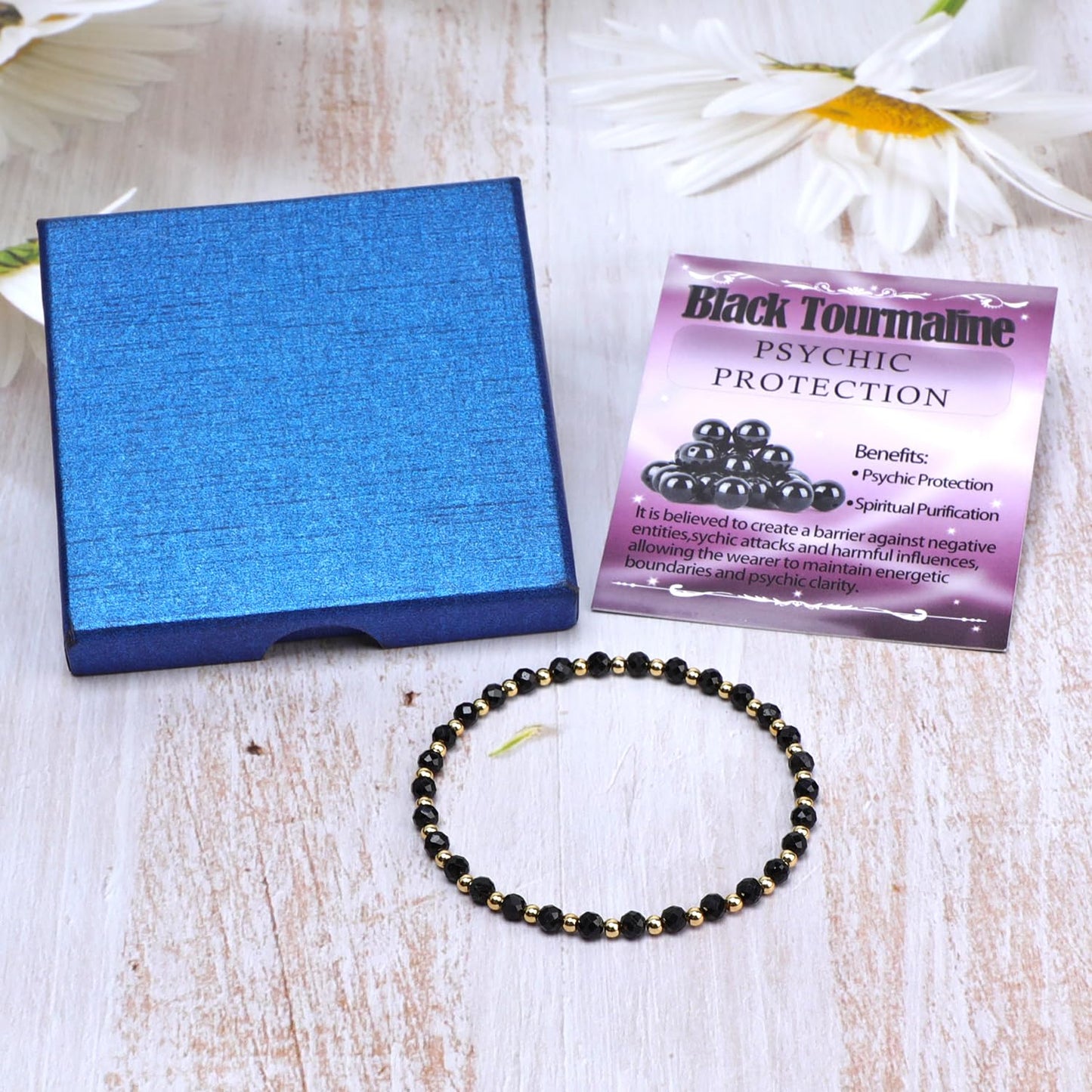 QOGIR Black Tourmaline - Psychic Protection - 14K Gold Plated Beads Natural Gemstone Stretch Elastic Dainty Healing Beaded Bracelets Gifts 4mm