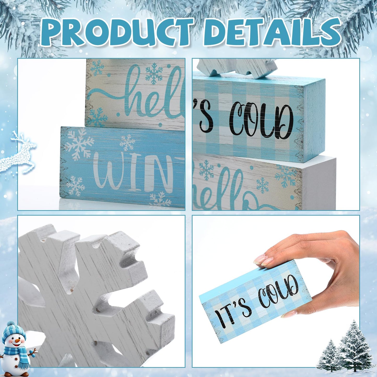 4 Pcs Christmas Winter Table Decorations,Rustic Winter Signs for Home Decor,Farmhouse Snowflake Home, Snowflake Tiered Tray Christmas Centerpiece, Wonderland Decor for Office, Shelf