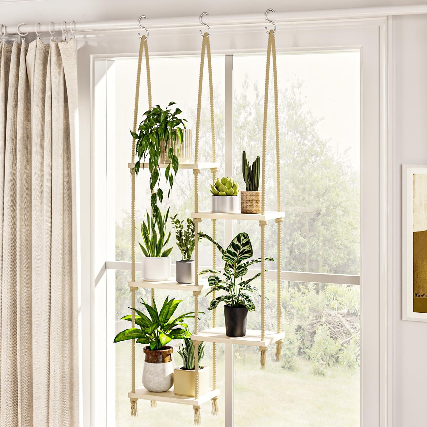 Bamworld Hanging Shelves Plant Hanger Indoor Window Plant Shelves Wood Plant Wall Shelf Window Sill Plant Shelf Indoor Hanging Plant Stand Living Room Decor Garden Boho Decor