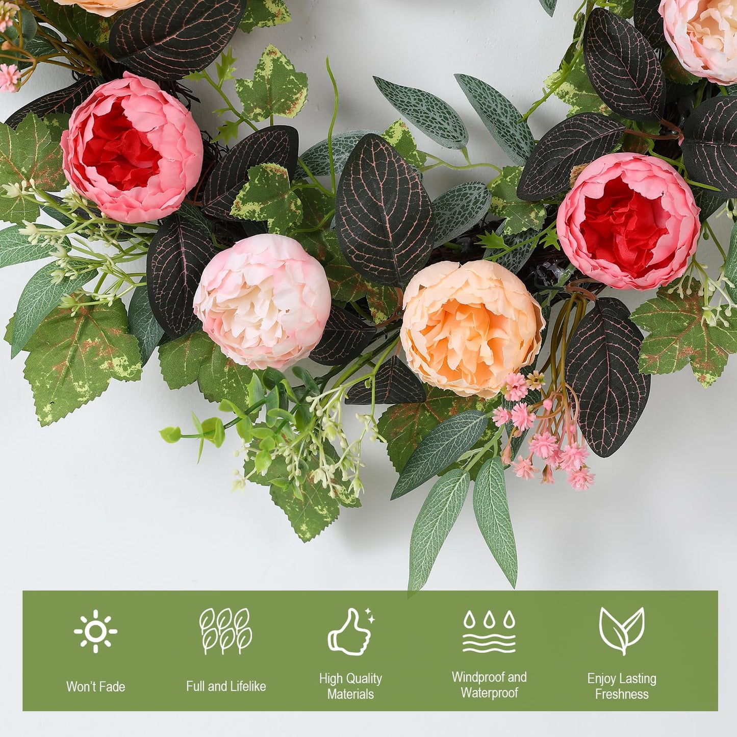 20" Peony Wreath for Front Door – Spring Summer Artificial Pink Peony Floral Wreath for Wall, Window, and Wedding Decor