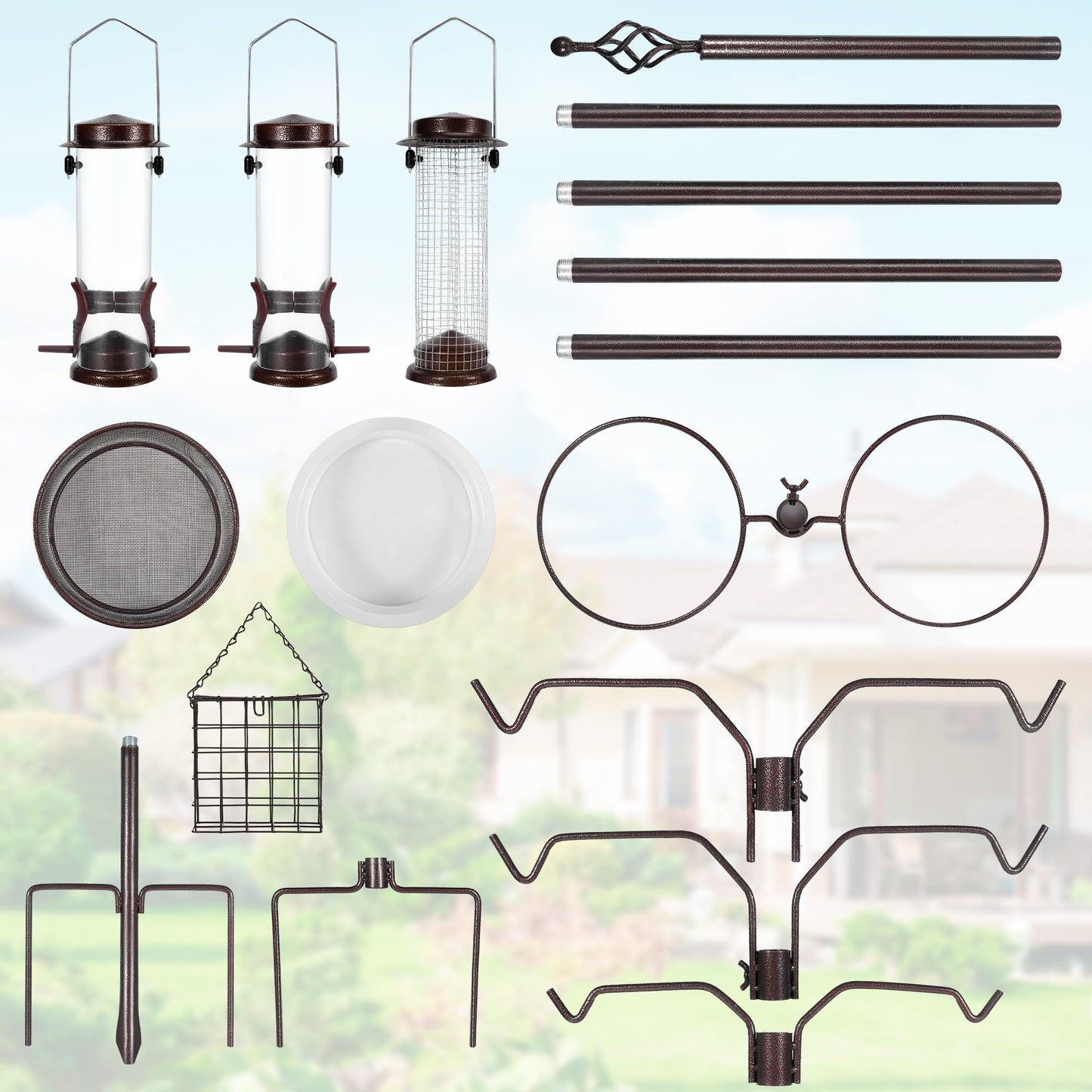 YINGYM Bird Feeding Station Kit, 94 Inch Bird Feeder Pole Stand for Outdoors Hanging with 4 Feeders, Metal Suet and Bath Tray for Wild Birds Watching
