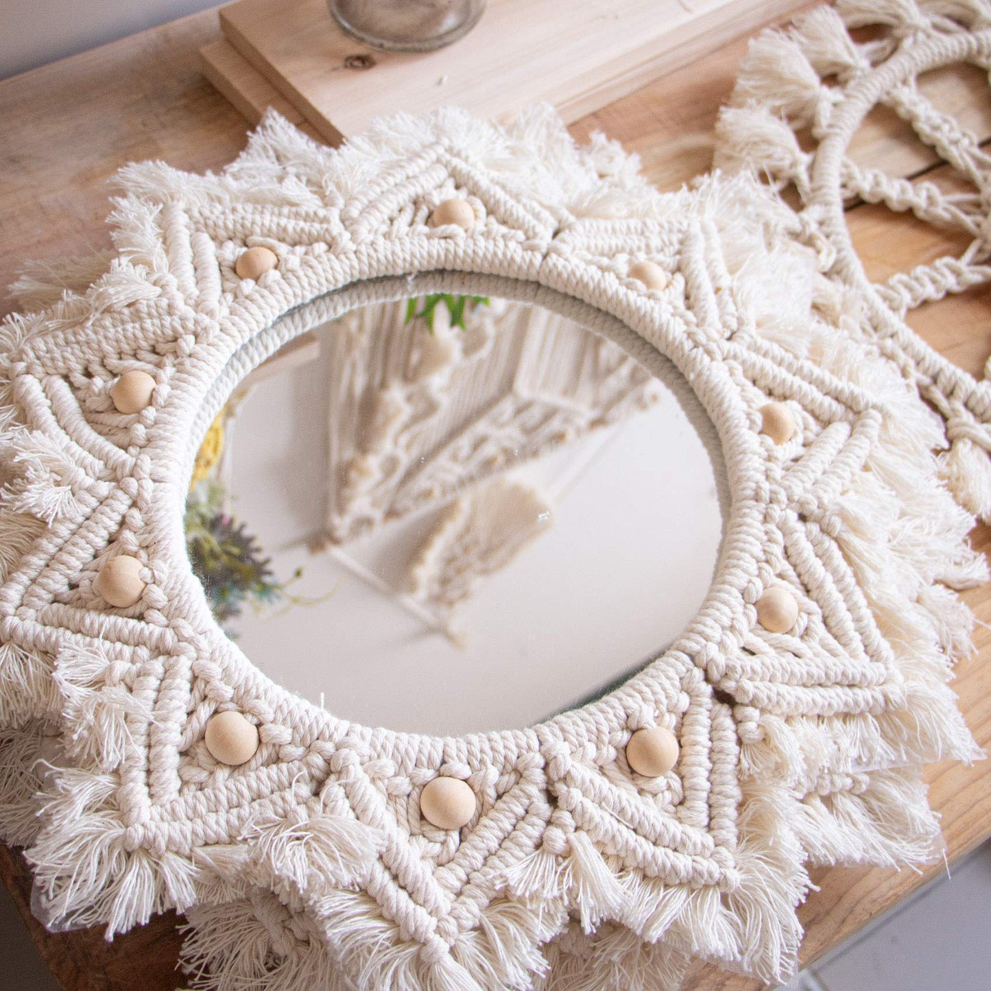 TENEWEE Boho Wall Decor Mirror Macrame Circle Hanging Mirror for Bedroom Living Room Apartment Entryway Home Decor