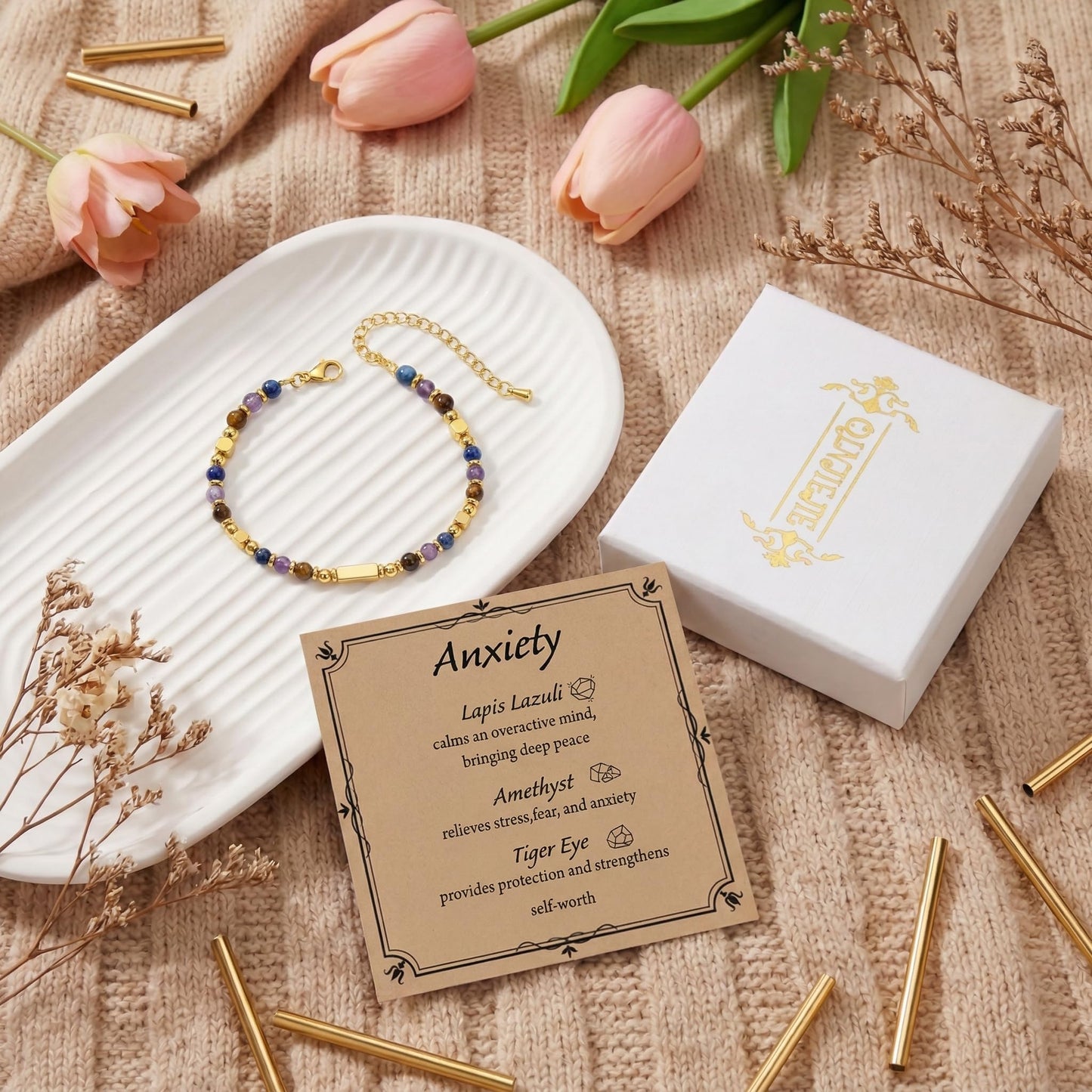 QINJIEJIE Anxiety Bracelet for Women Menopause Healing Crystals Mental Health Bracelets Amethyst Lapis Lazuli Tigers Eye Crystal Anti Anxiety Panic Attack Relief Jewelry Crystal Bracelet