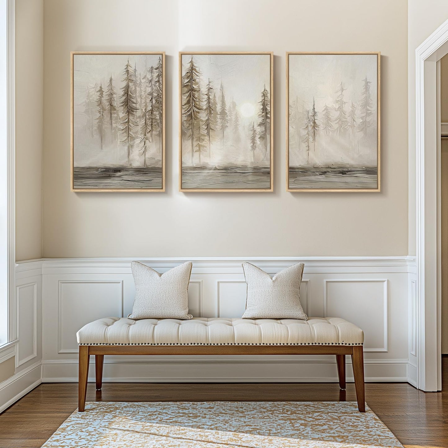 Framed Neutral Wall Art for Living Room, Large 3 Piece Abstract Pastel Grunge Forest Landscape Tree Canvas Artwork Set, Modern Art Decorative Nordic Painting Picture Prints for Hallway Office 24x36 In