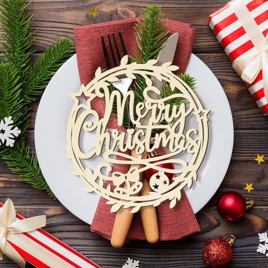 12 Pcs Christmas Wooden Plate Decor Merry Christmas Wood Cutouts Winter New Year Party Place Card Table Settings Signs for Farmhouse Dining Table Holiday Tree Decoration Ornament Flowers