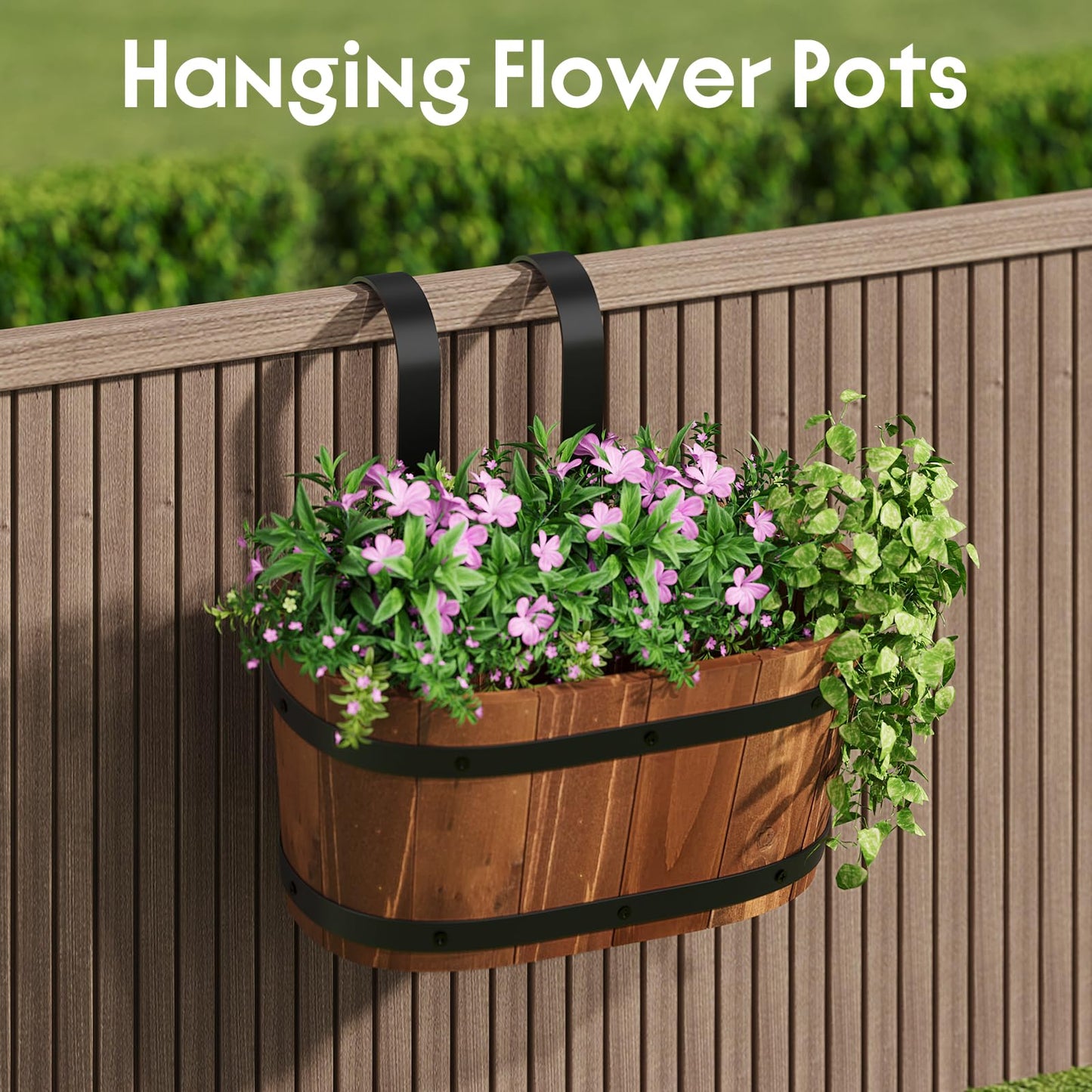 WELUKGUUD Hanging Wooden Flower Pots, Railing Planter for Any Balcony, Porch or Deck Countryside Style with Detachable Hooks for Garden Yard Home Decor (Brown)