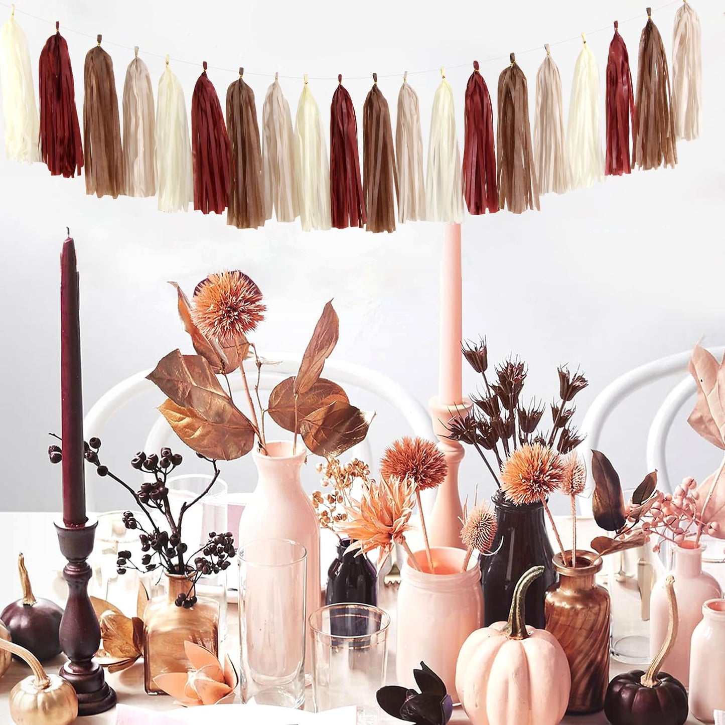 Brown Burgundy Champagne-Gold Party-Decorations - 30pcs Rustic Boho Wedding Tissue Pom-Poms Streamers ,Fall Autumn Tassel Garland Banner,Birthday Baby Bridal Shower Engagement Decor Lasting Surprise