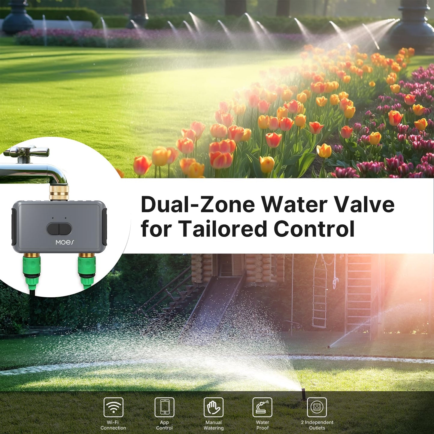 MOES WiFi Sprinkler Timer 2 Zone with Brass Inlet & Outlet, Water Timer for Garden Hose Faucet, Programmable Watering Irrigation 2 Outlet, Smart Watering System for Lawns and Yard Work with hub