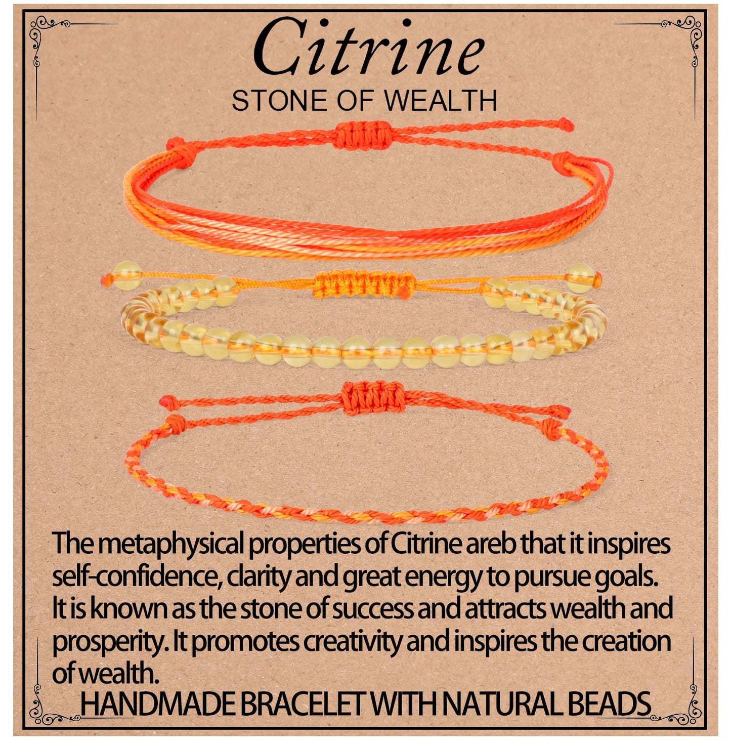 QOGIR Handmade Healing Bracelets,4mm Natural Citrine Gem Stone Beads Bracelet for Men Women Gifts with 2PCS Size Adjustable Rope Bracelets
