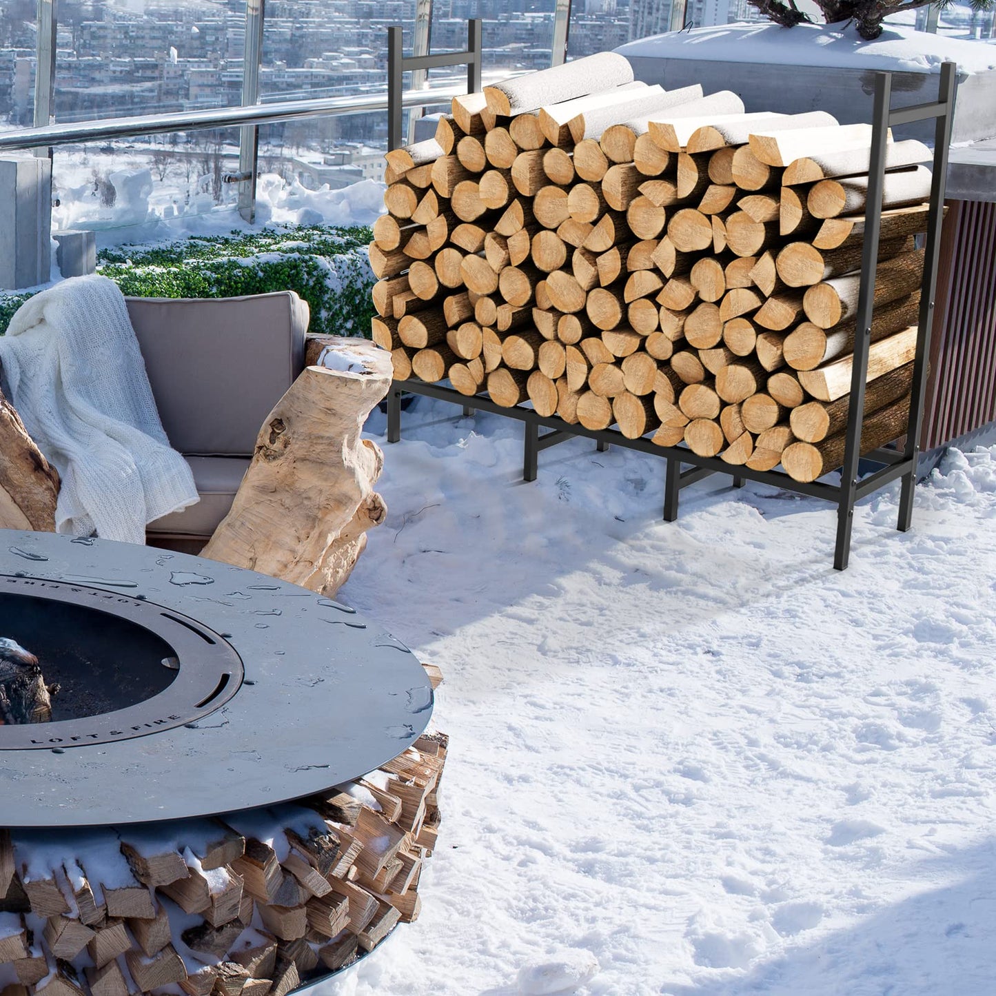 4FT Firewood Rack Indoor Outdoor, Heavy Duty Log Holder Stand for Fireplace, Adjustable Wood Storage Organizer with Weather-Resistant Tubular Steel, Cradle for Kindling & Stacking Logs