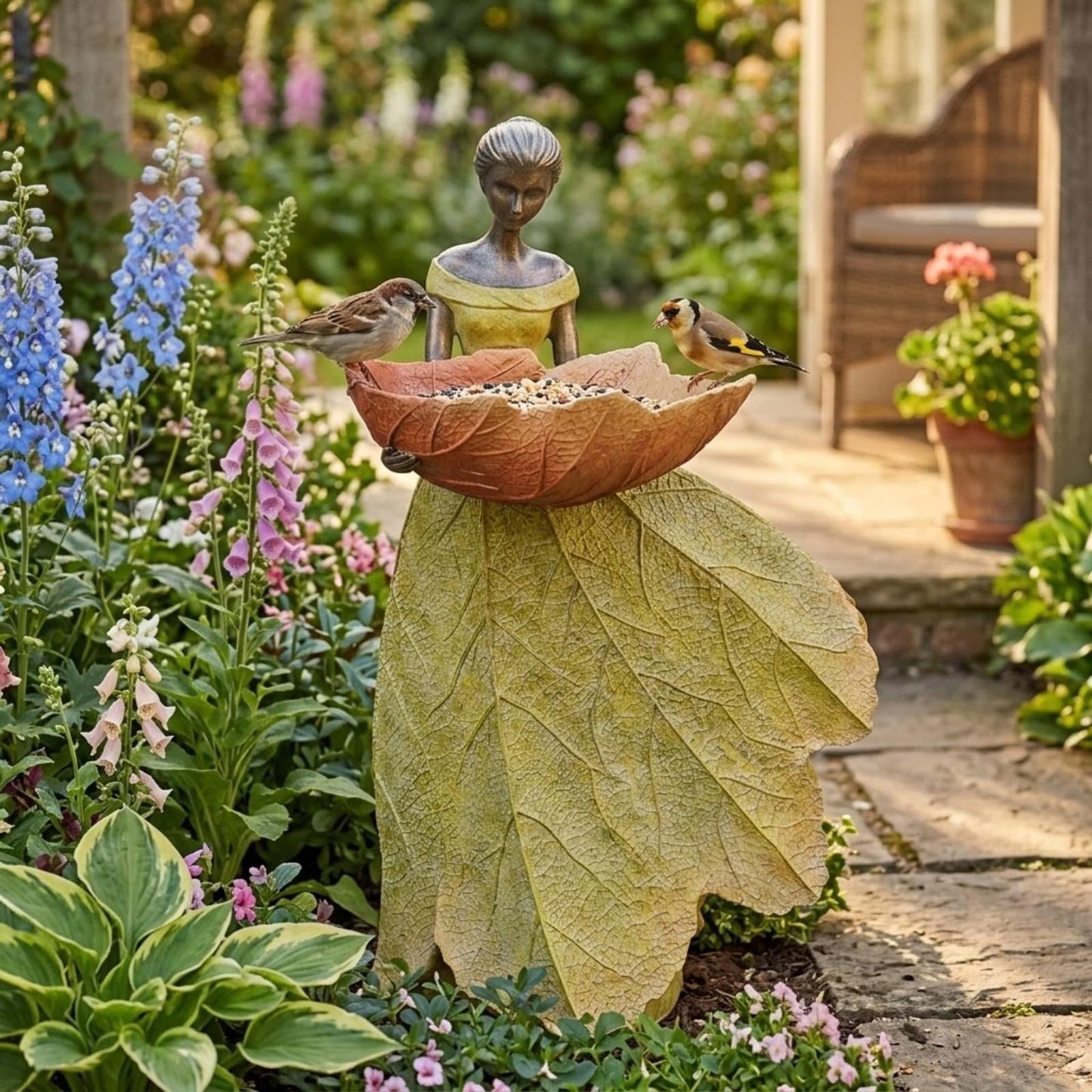 DiliComing Fairy Garden Statue Bird Feeder - 12 Inch Fairy Statue for Home Decoration, Resin Outdoor Statues for Garden Decoration, Best Bird Feeder Gift for Women(Yellow)