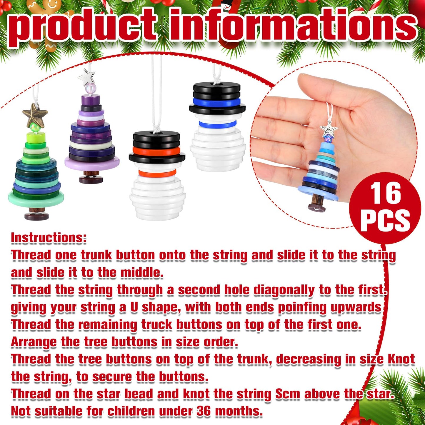 Soulchen 16 Sets Button Winter Ornament Kit Button Christmas Tree and Snowman Craft DIY Hanging Ornament Kit for Home Winter Holiday Party Decor
