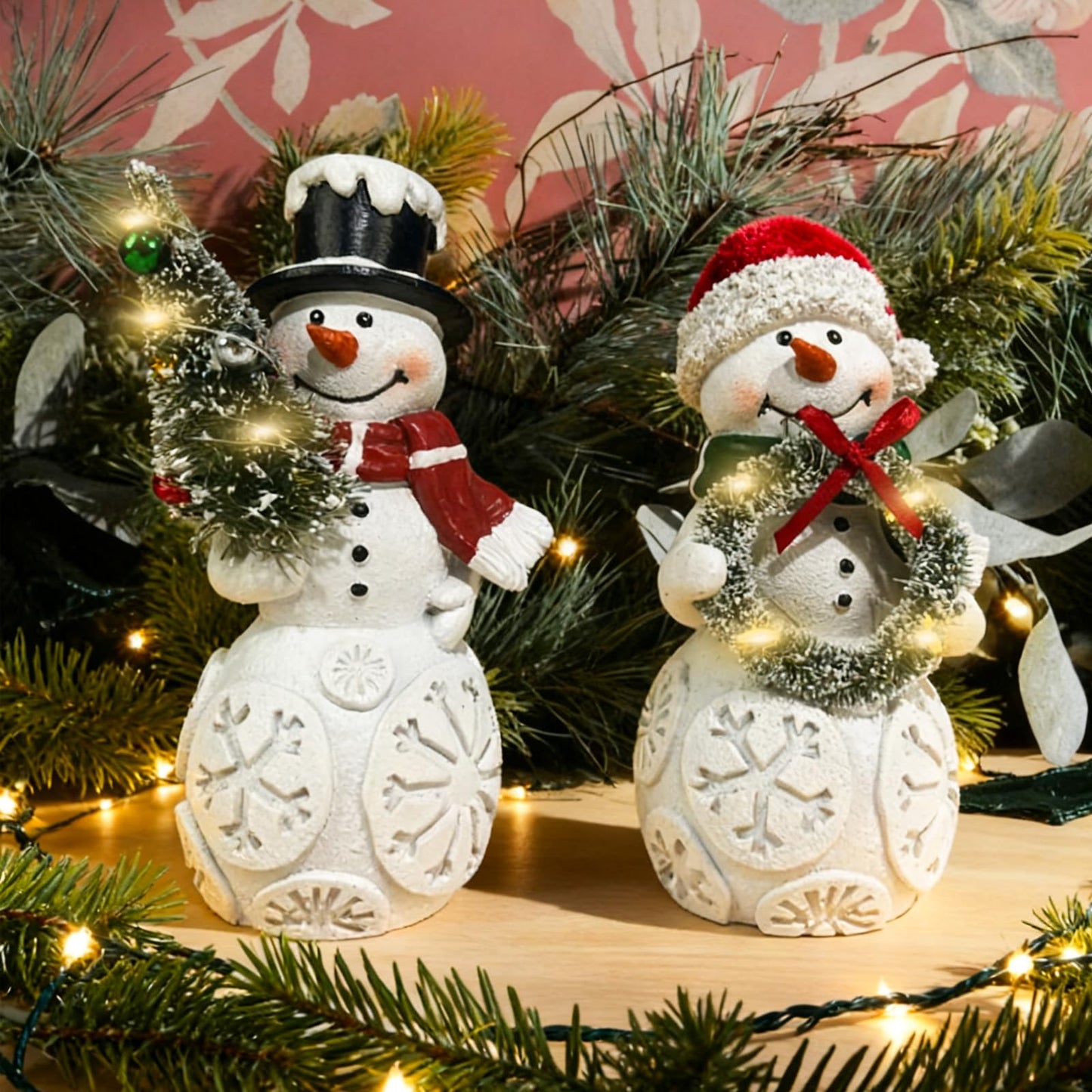 LFLKPY Snowman Christmas Decorations Set of 2 with LED Lights, Resin Light Up Snowman Figurines with Tree & Wreath, Battery Operated Holiday Tabletop Decor for Xmas Home, Mantel, Shelf, Gift