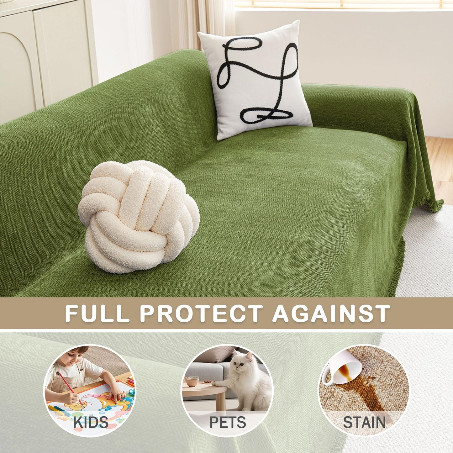 hyha Couch Cover for Dogs, Boho Sofa Covers for 3 Cushion Couch Washable, Chenille Sofa Slipcover for Pets, Soft Loveseat Sectional Couch Throw Blankets with Tassels (Green, 71x118 Inch)