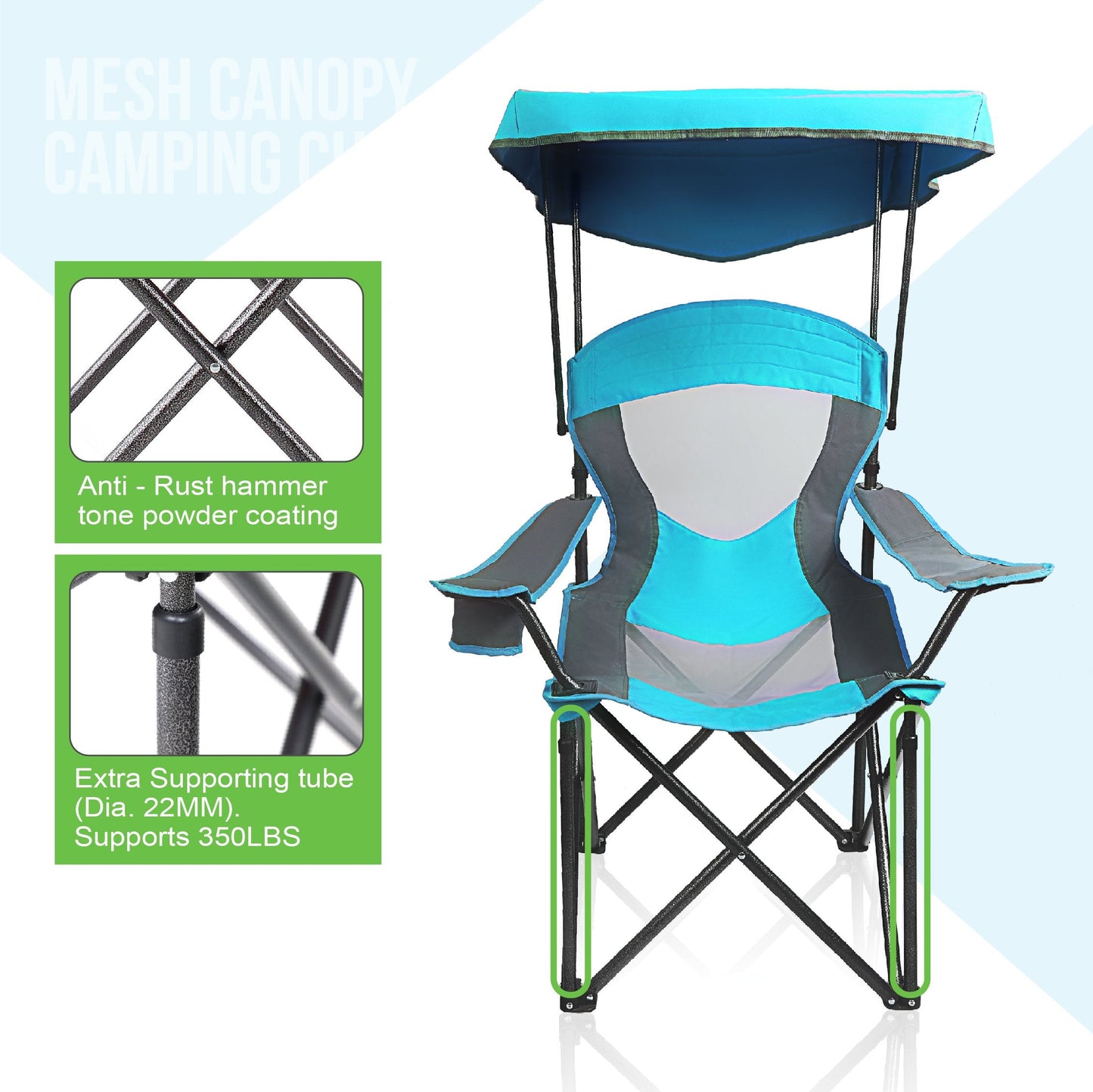 ALPHA CAMP Heavy Duty Canopy Camping Chair, 350 lbs Capacity Oversized Folding Chair with Adjustable Sunshade, Portable Sunshade Chair with Cup Holder for Beach, Fishing, Outdoor, Enamel Blue