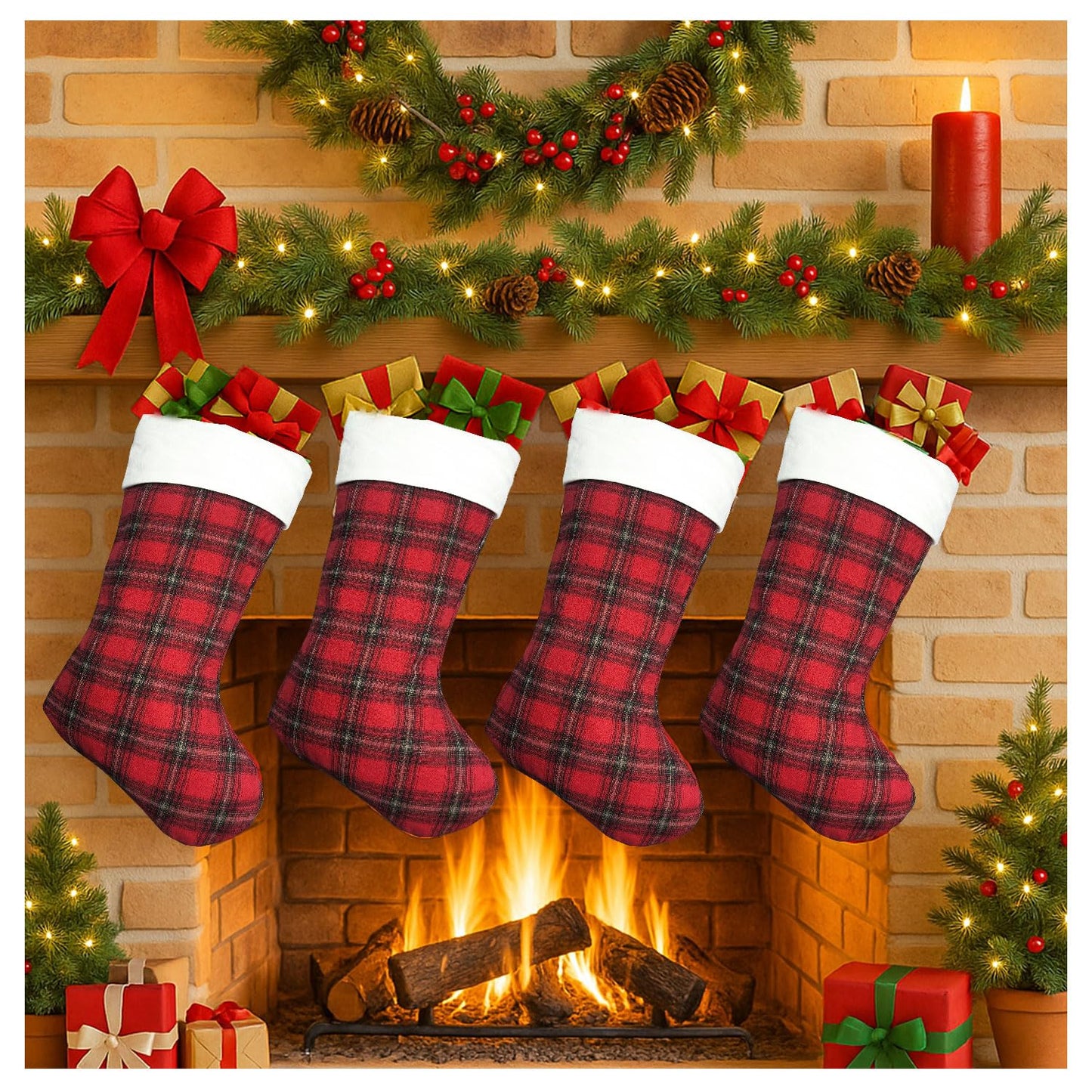 aokansha 4 Pack Buffalo Plaid Christmas Stockings 20'' Large Xmas Stocking with Plush Cuff Hanging Stocking Decoration for Holiday Home Wall Fireplace Christmas Tree Decor Kids Gift Ornaments Décor