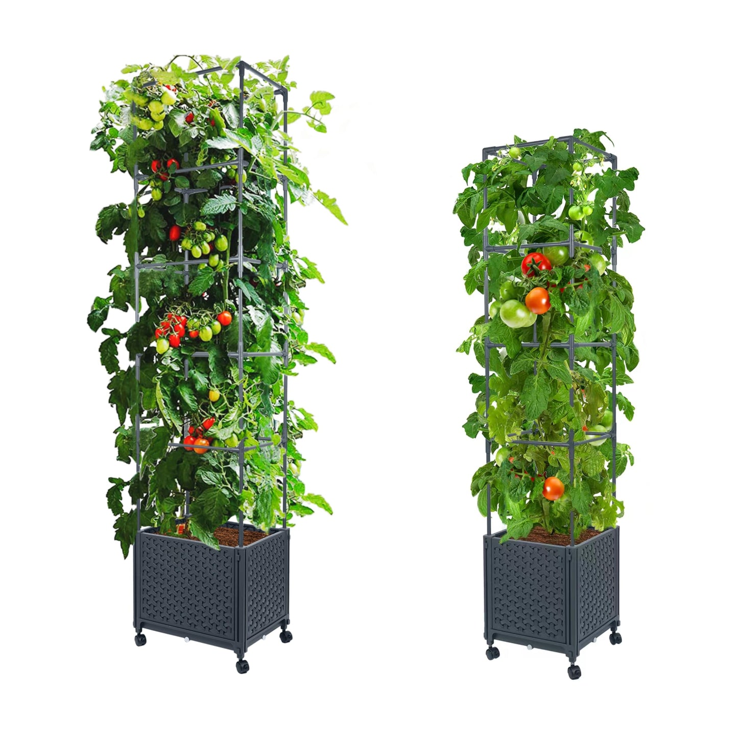 LINEX Raised Garden Bed Planter Box with Trellis, 56.7” & 67.6" Tomato Planters for Climbing Plants Vegetable Vine Flowers Outdoor Patio, Tomatoes Cage w/Self-Watering & Wheels