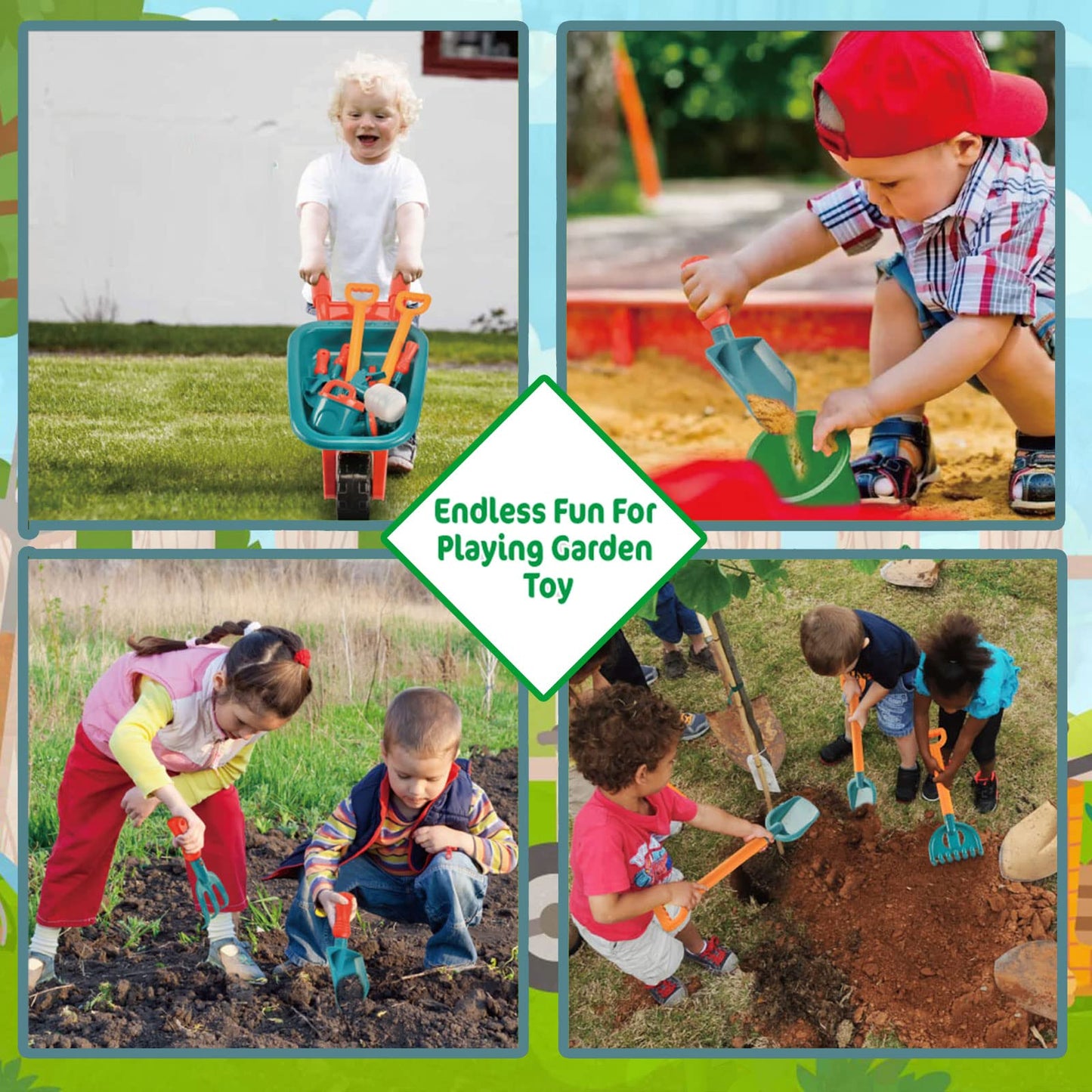 unanscre Gardening Tool Set for Kids, with Toddler Wheelbarrow, Watering Can, Spray Bottle, Double Rake, Shovel, Trowel, Pruner, Flowers Kit, Apron, Pretend Play Garden Toys for Age3+ Outdoor Yard