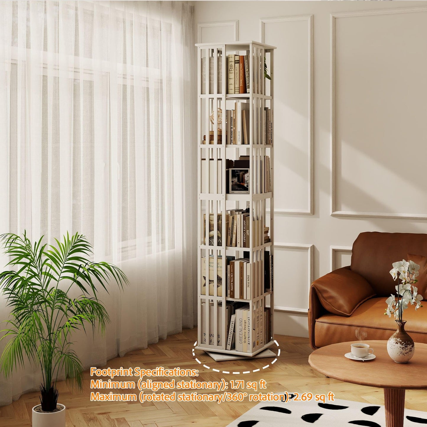 Raykion Rotating Bookshelf Tower, 6 Tier Bamboo Spinning Book Shelf, 360 Revolving Bookcase for Small Space Corner, Large Capacity Swivil Bookshelf for Living Room Bedroom Home Office, White