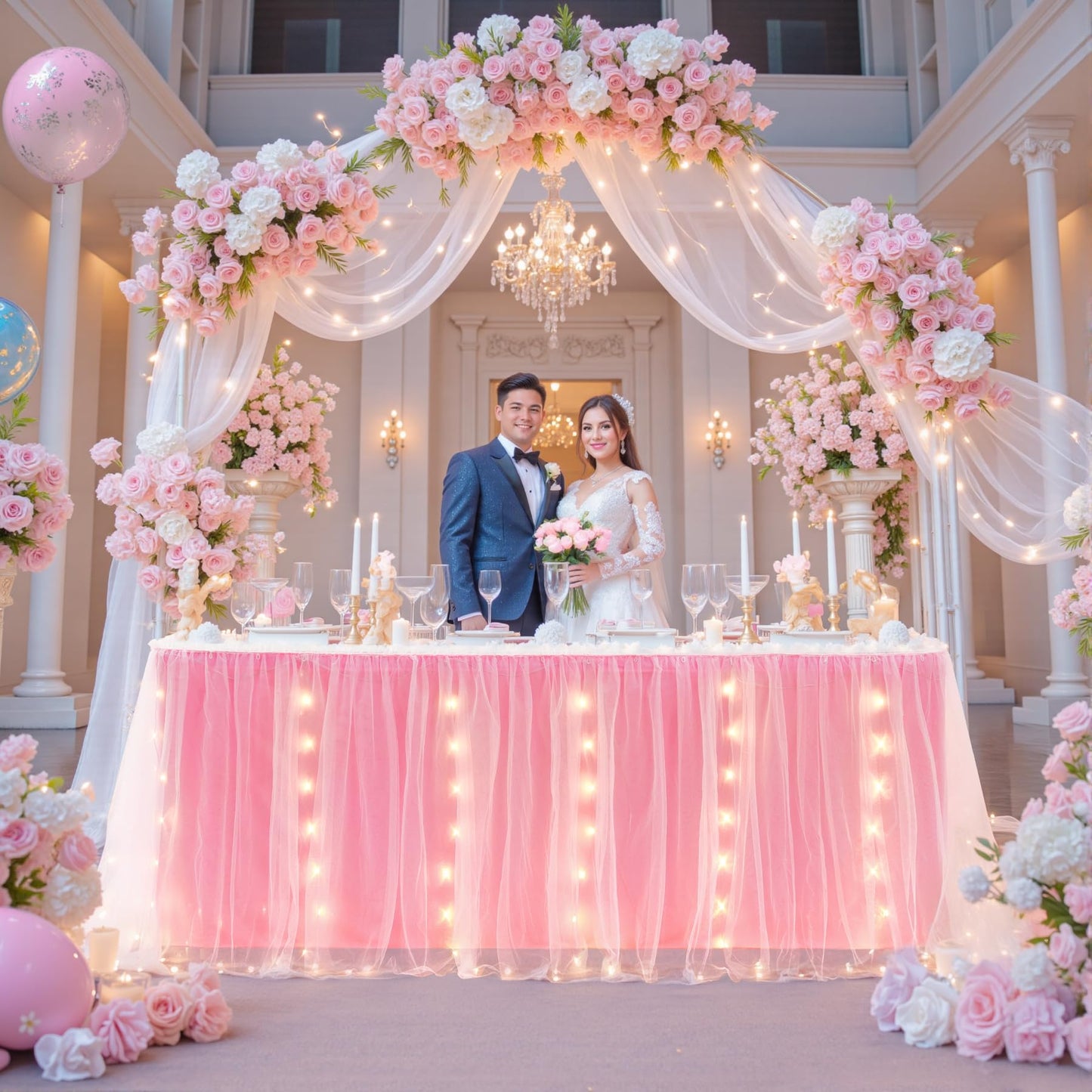 6FT Pink Tulle Table Skirt with LED Lights 2-Layer Ruffle Tulle Tutu Cloth Desk Table Skirt for Birthday Party Baby Shower Wedding Banquet Cake Dessert Decorations