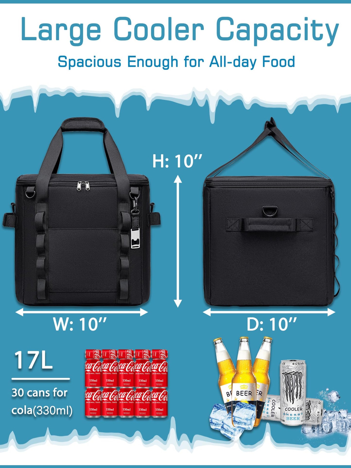 TuErcao Small Insulated Cooler Bag, 10"x10"x10" 30 Can Leak Proof Portable Collapsible Soft Ice Chest for Beach Hiking Picnic Lunch Camping Car Road Trips, Light Grey