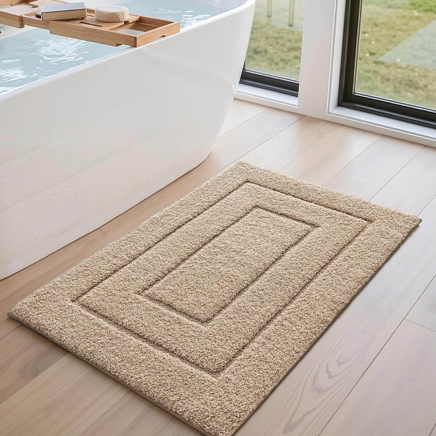 DEXI Bathroom Rug 43x24, Non Slip Washable Bath Mat for Shower Floor, Extra Large Absorbent Soft Bathmat with Rubber Backing, Quick Dry Microfiber Carpet, Beige