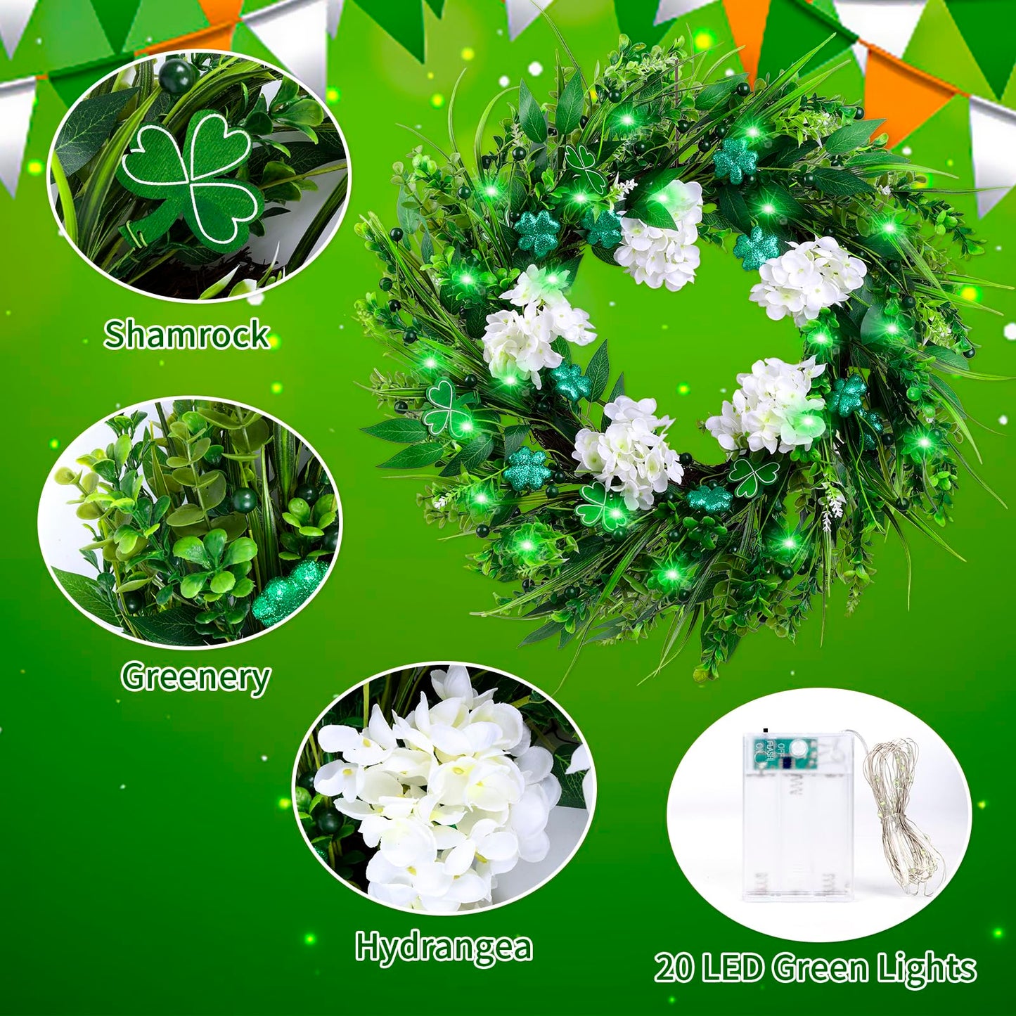 22" st Patricks Day Wreaths for Front Door, Green Shamrock & White Hydrangea Artificial Wreaths with LED Lights, Spring Holiday Wreath for Wall Window Porch Home Decor