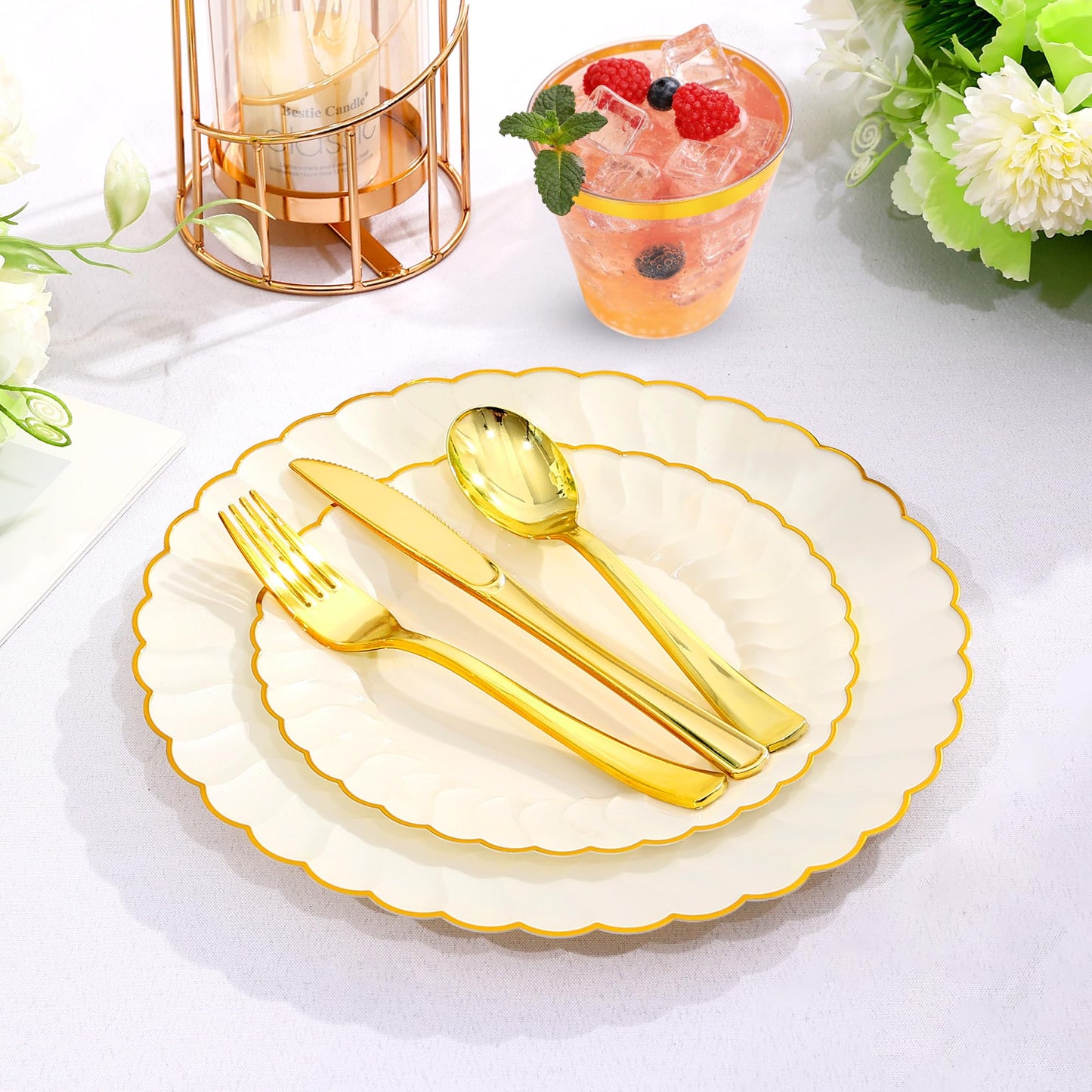 210 Pcs Ivory Scalloped Plastic Dinnerware for 30 Guests,Cream Gold Scalloped Disposable Plastic Plates Including 30 Dinner&Dessert Plates,Cups,Silverware for Party,Wedding