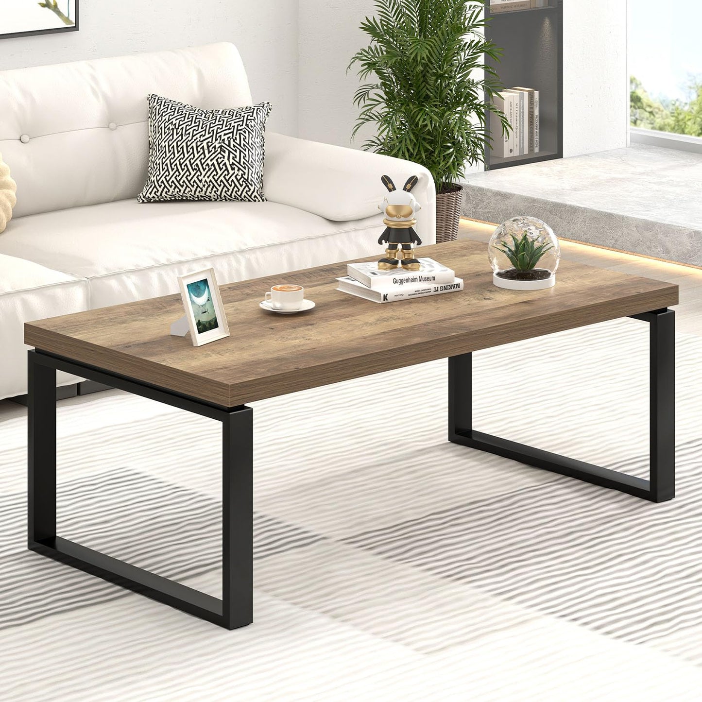 EXCEFUR Coffee Table, Modern Wood and Metal Living Room Table, Industrial Rectangle Center Table for Home Office, Rustic Oak, 47 Inch