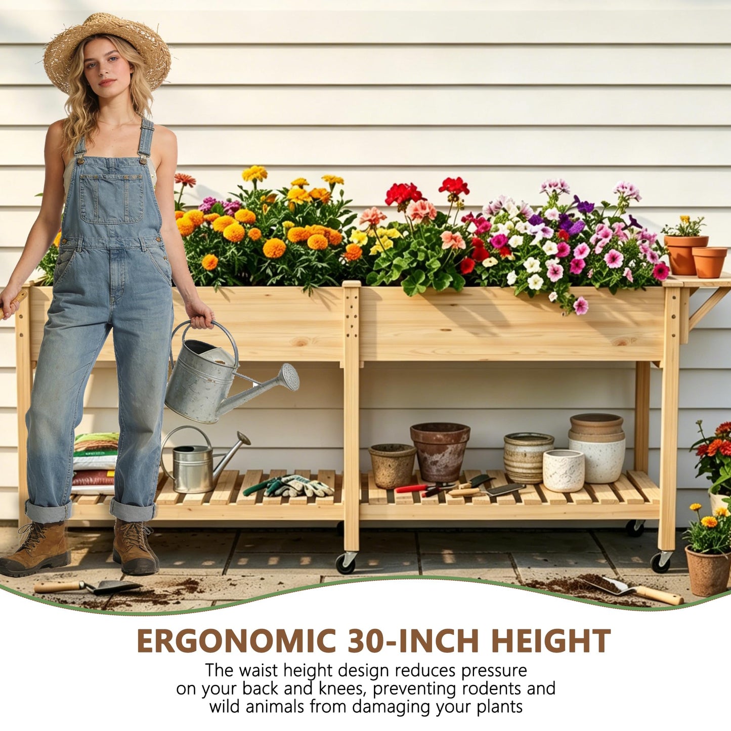 Cakhdry Raised Garden Bed with Legs and Wheels, Self-Watering System, 72x24x30in Elevated Planter Box with Storage Shelf & Liner for Flowers Vegetables Herbs, Raised Bed for Outdoor/Balcony/Patio